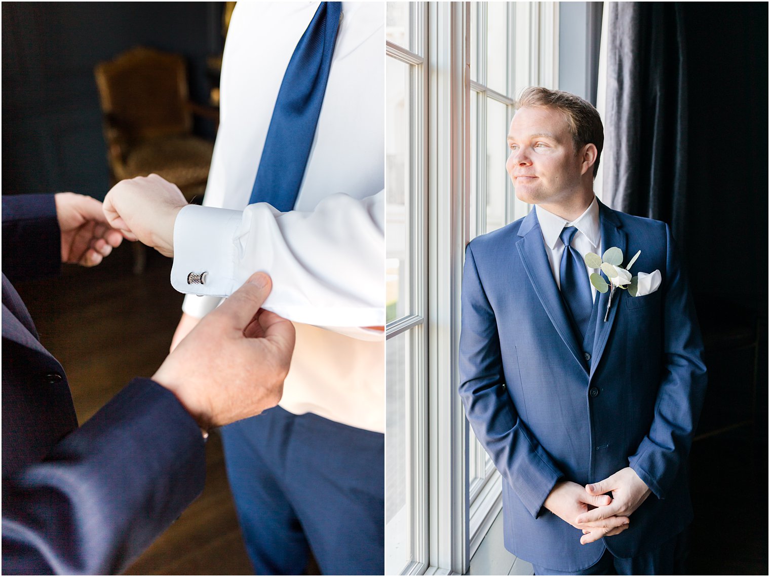 groom leans against window while preparing for NJ wedding day