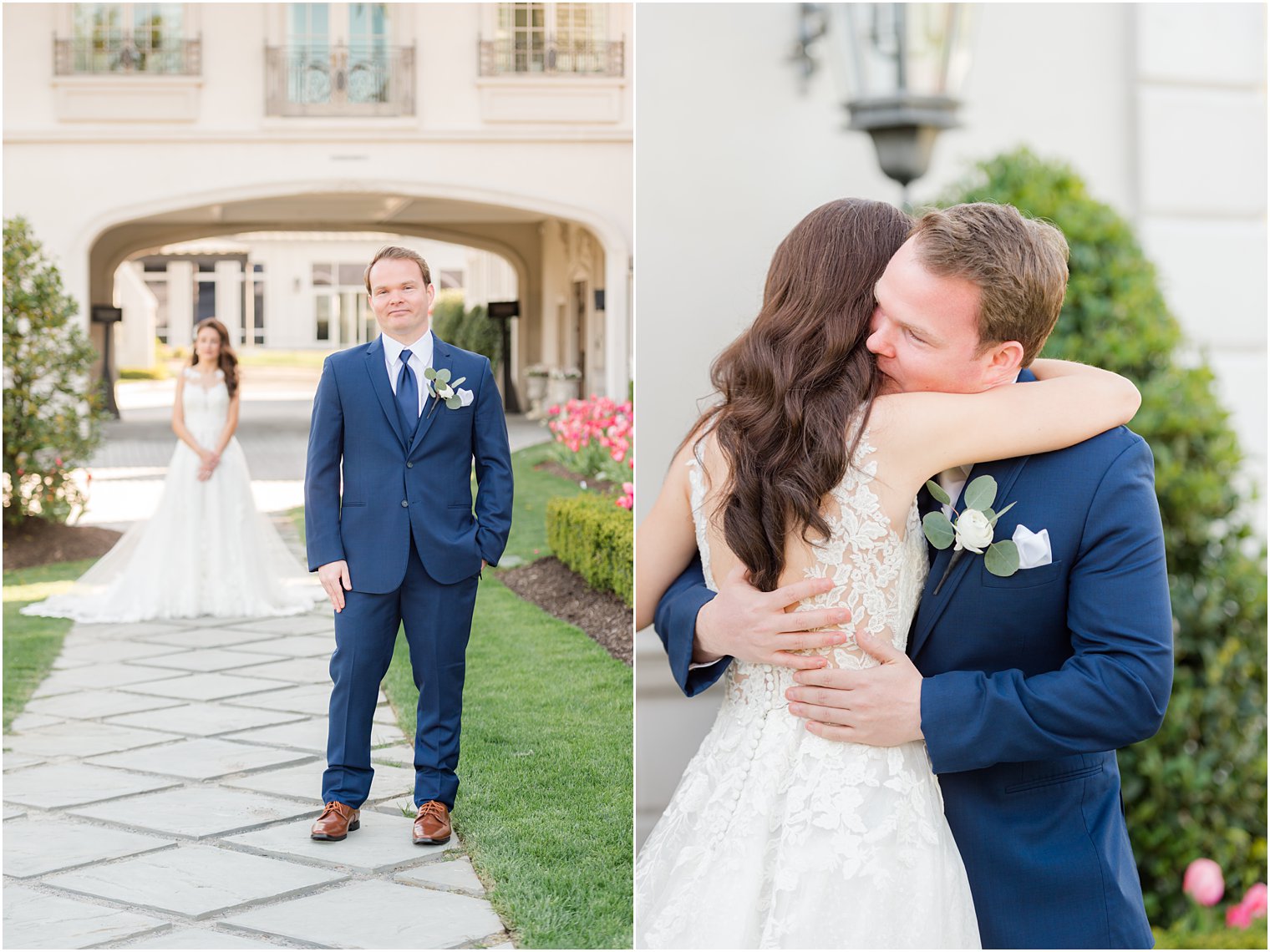 bride and groom hug during first look