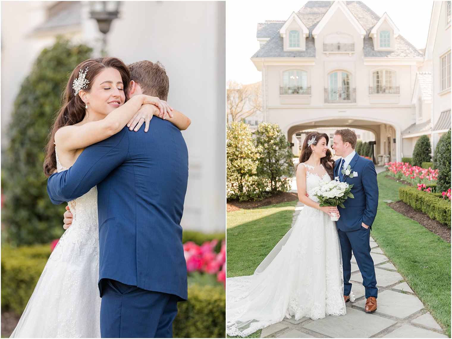 New Jersey couple hugs during first look at Park Chateau Estate