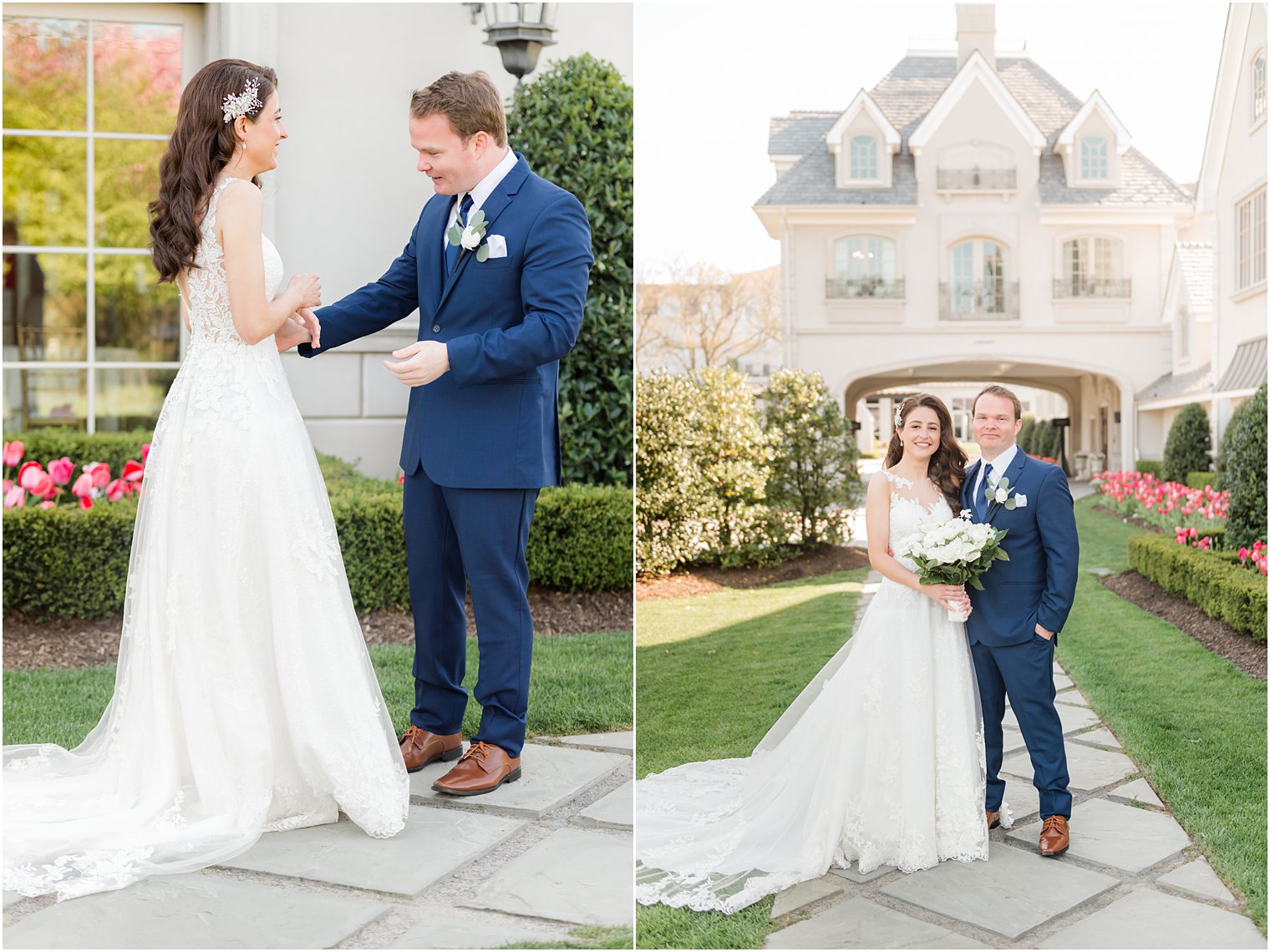 bride and groom stand together with Park Chateau Estate in the background