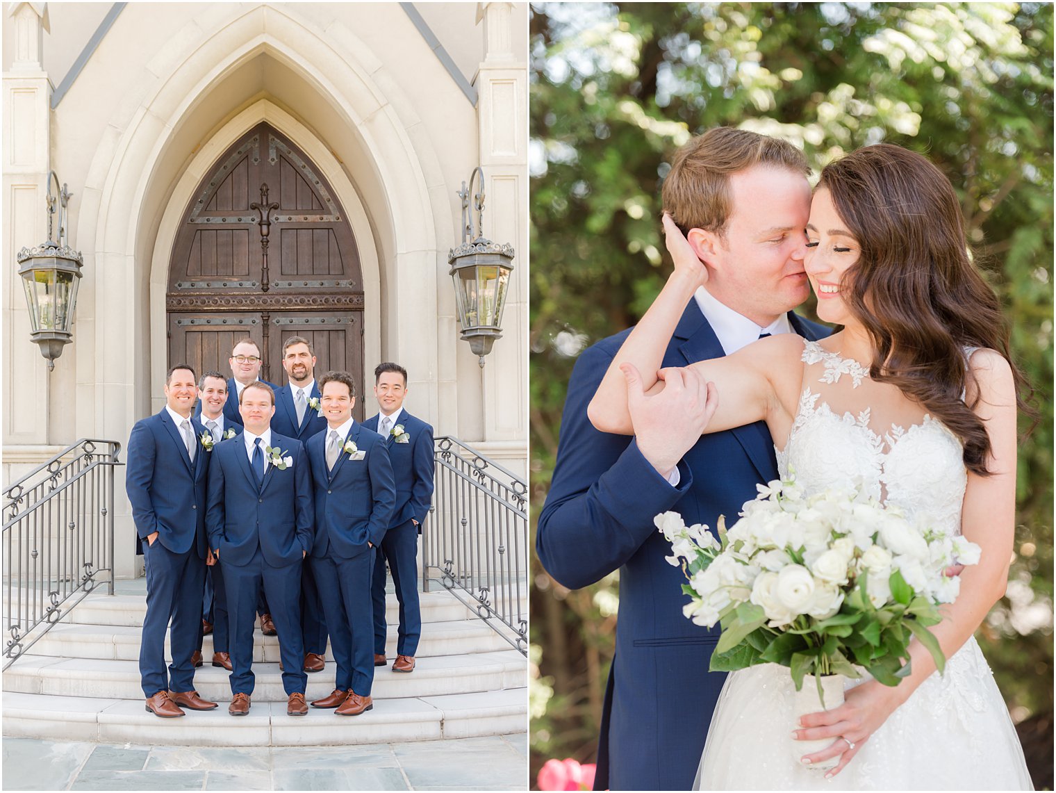 bride holds groom's cheek behind her outside chapel 