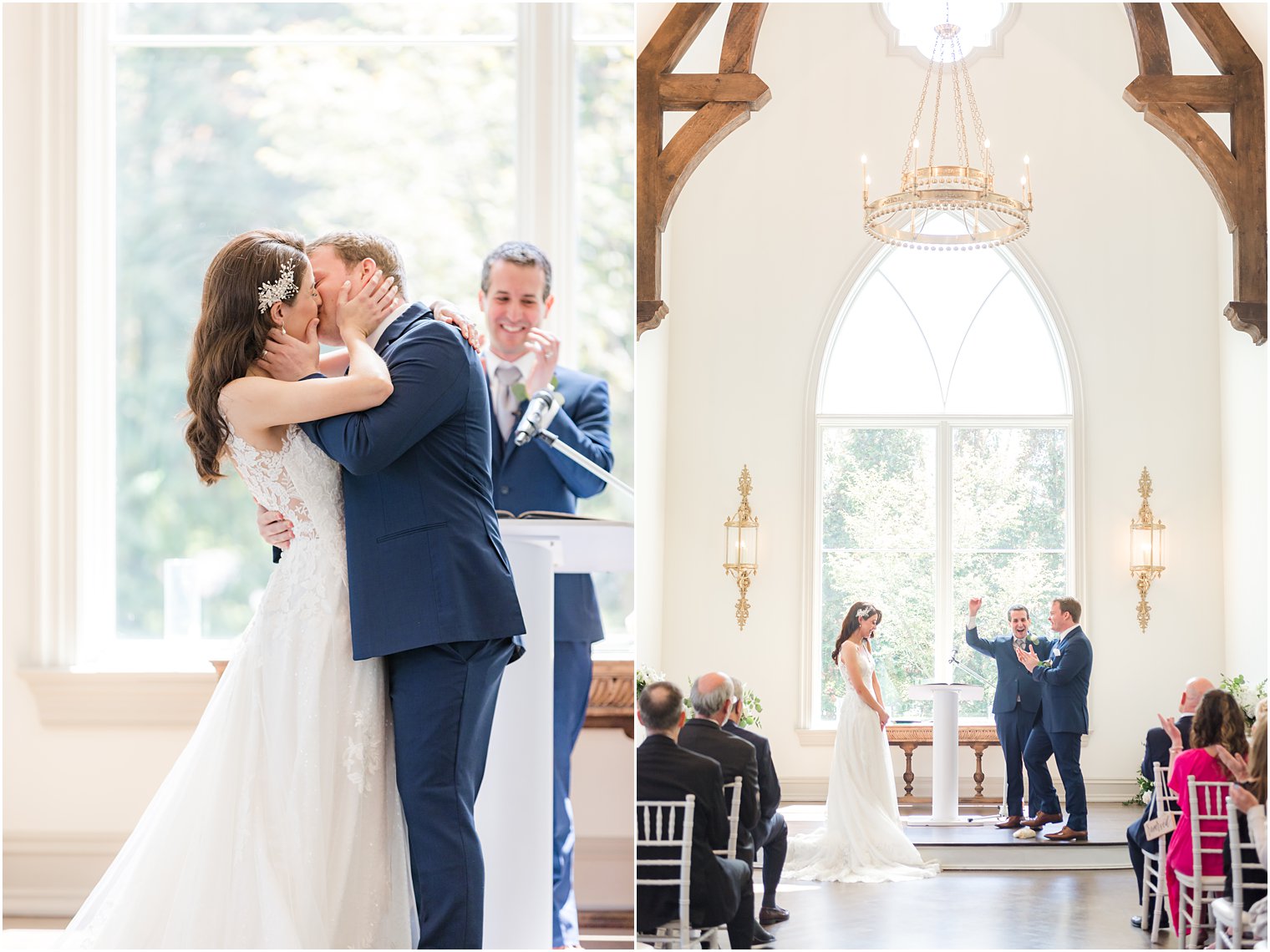 newlyweds kiss after ceremony in Park Chateau Estate chapel