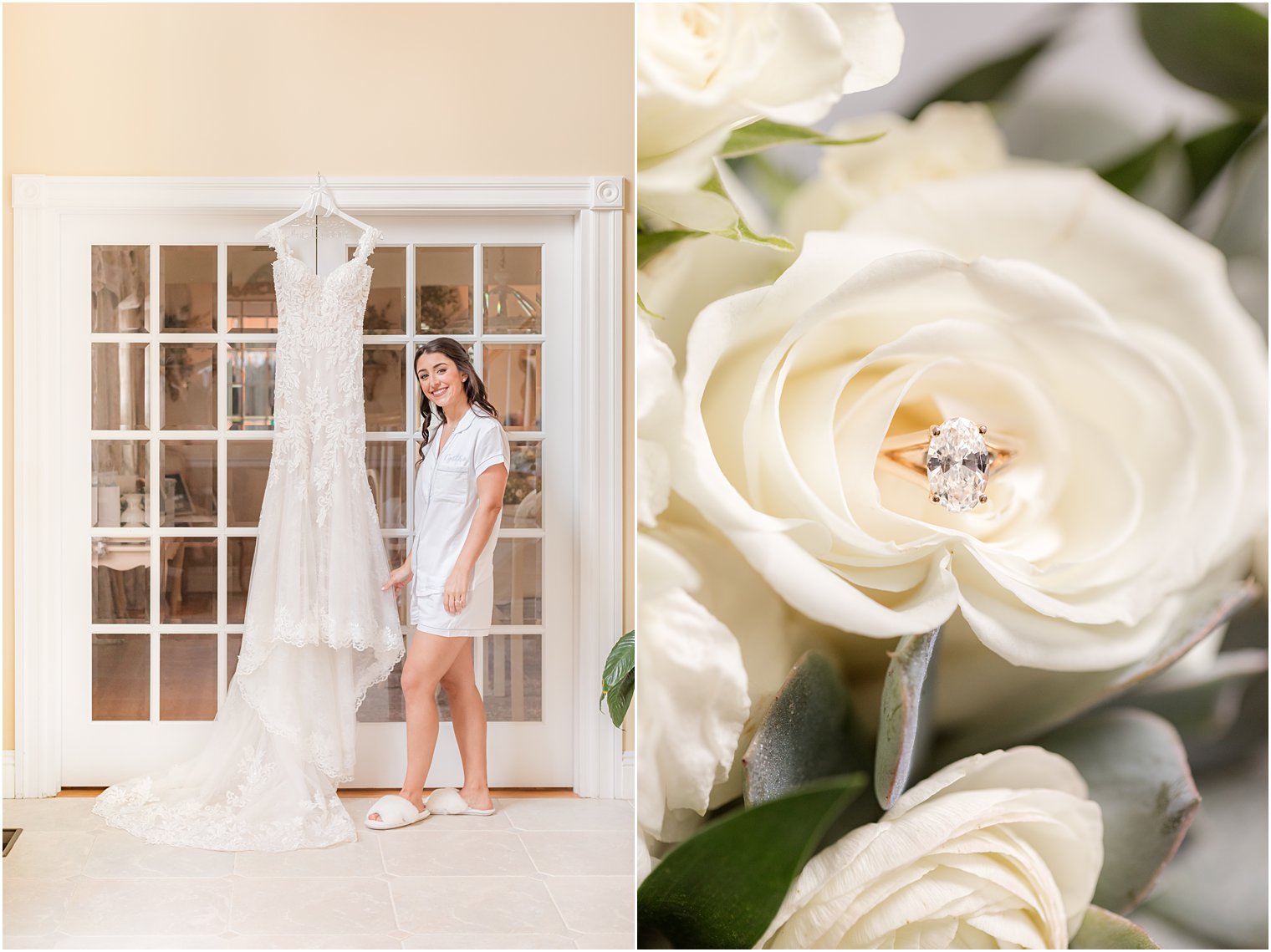 bride stands by wedding dress before NJ wedding day