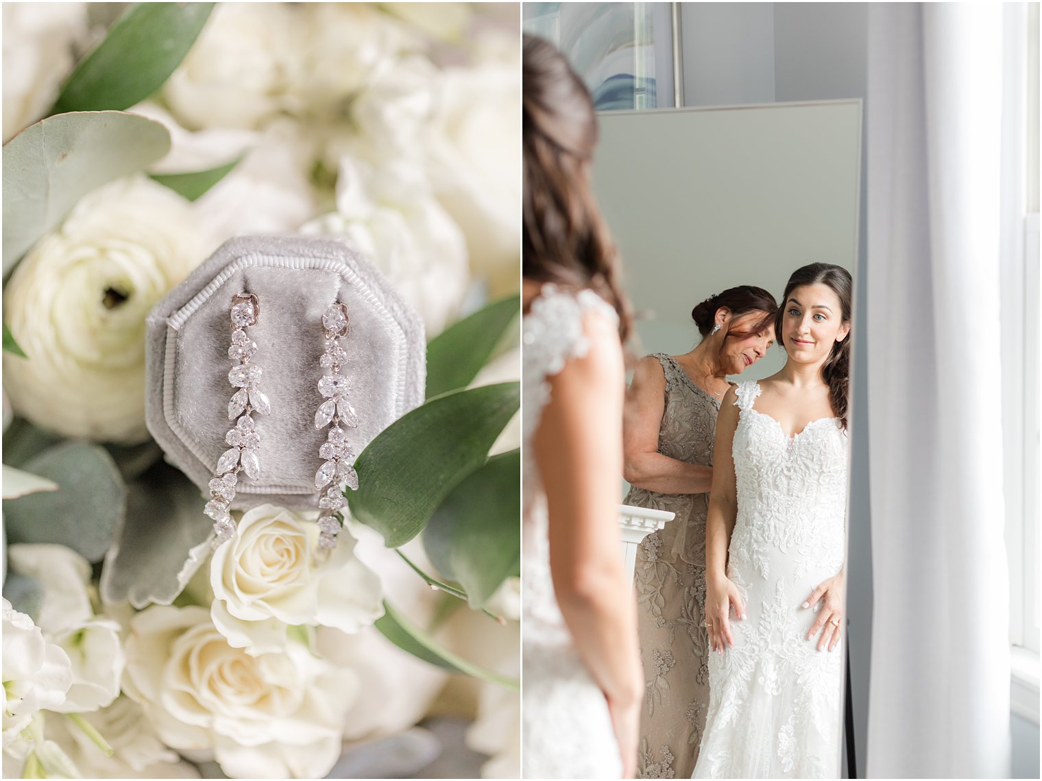 bride prepares for wedding day with mom