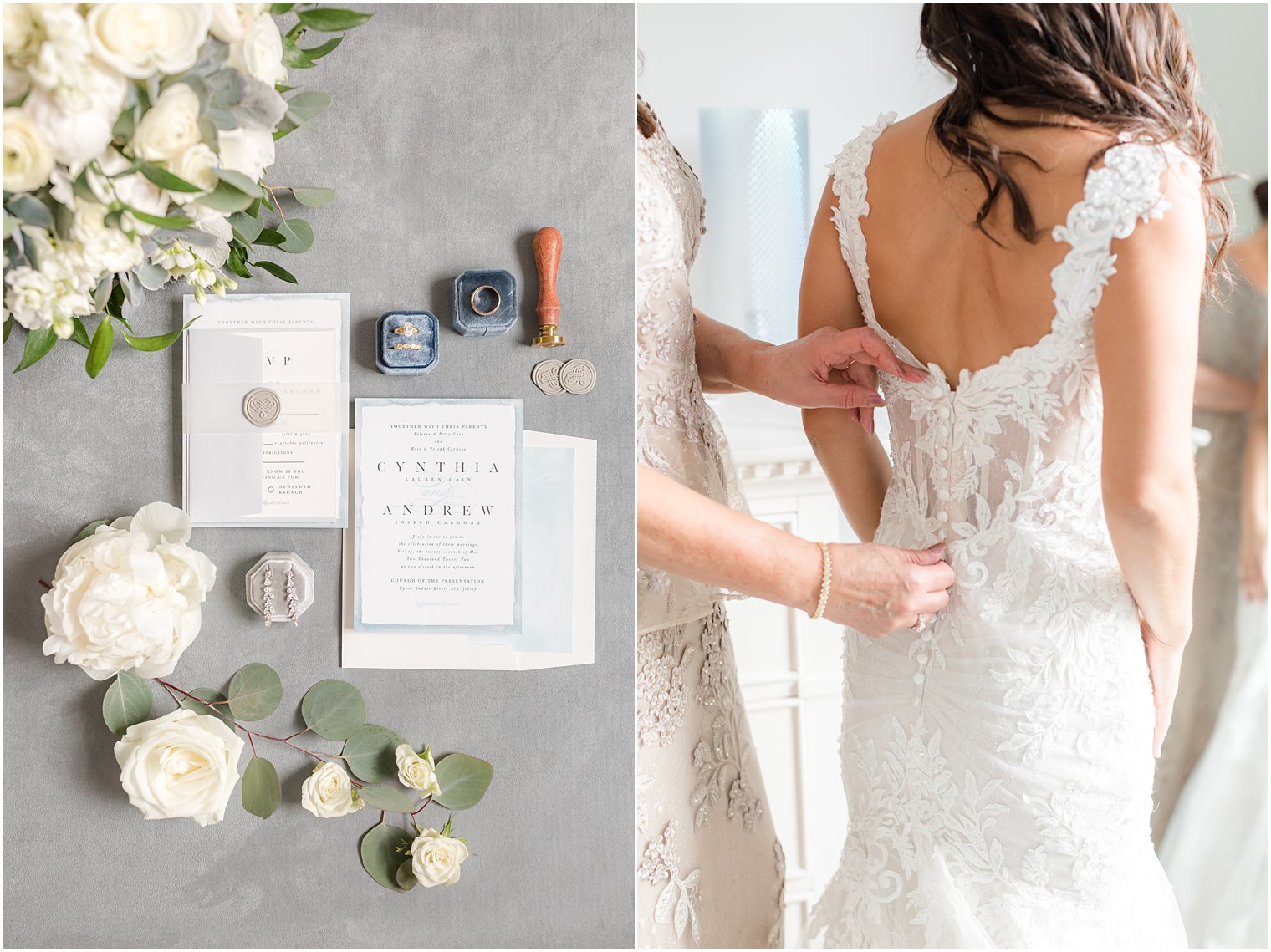 mother helps bride into wedding dress