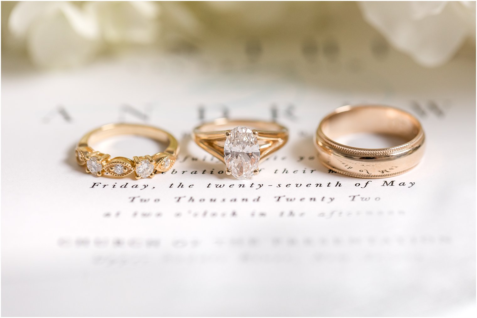 wedding rings lay on invitations 