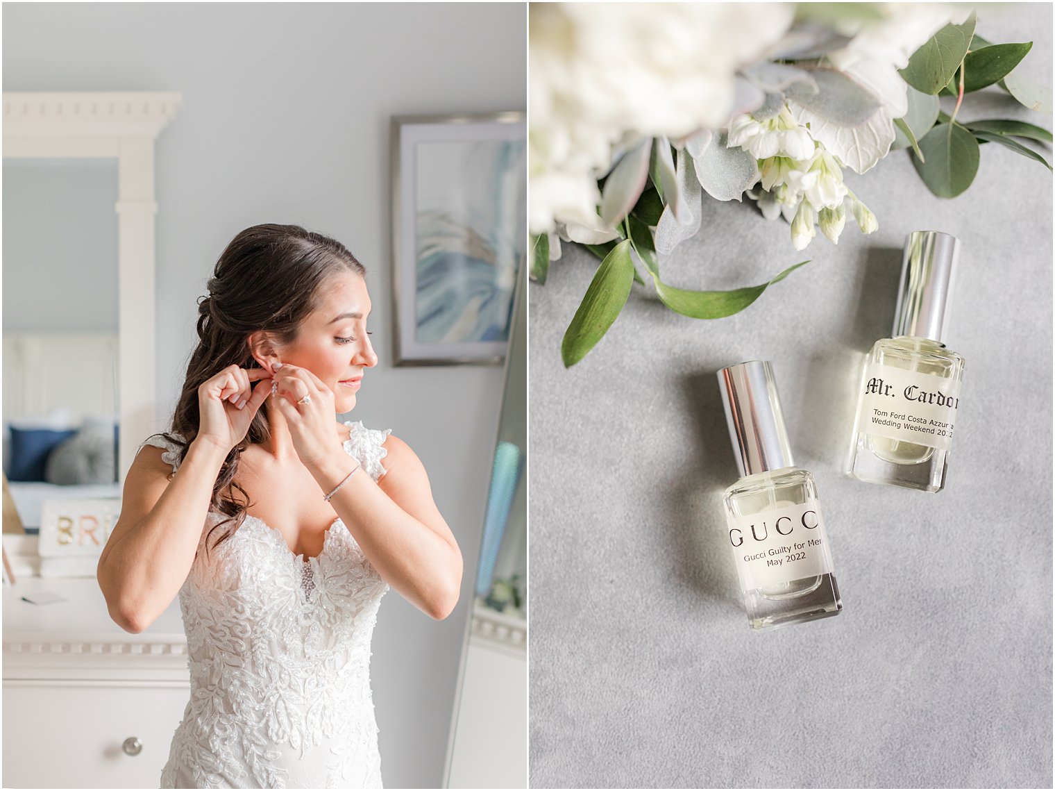 bride adjusts earrings before summer wedding at Indian Trail Club