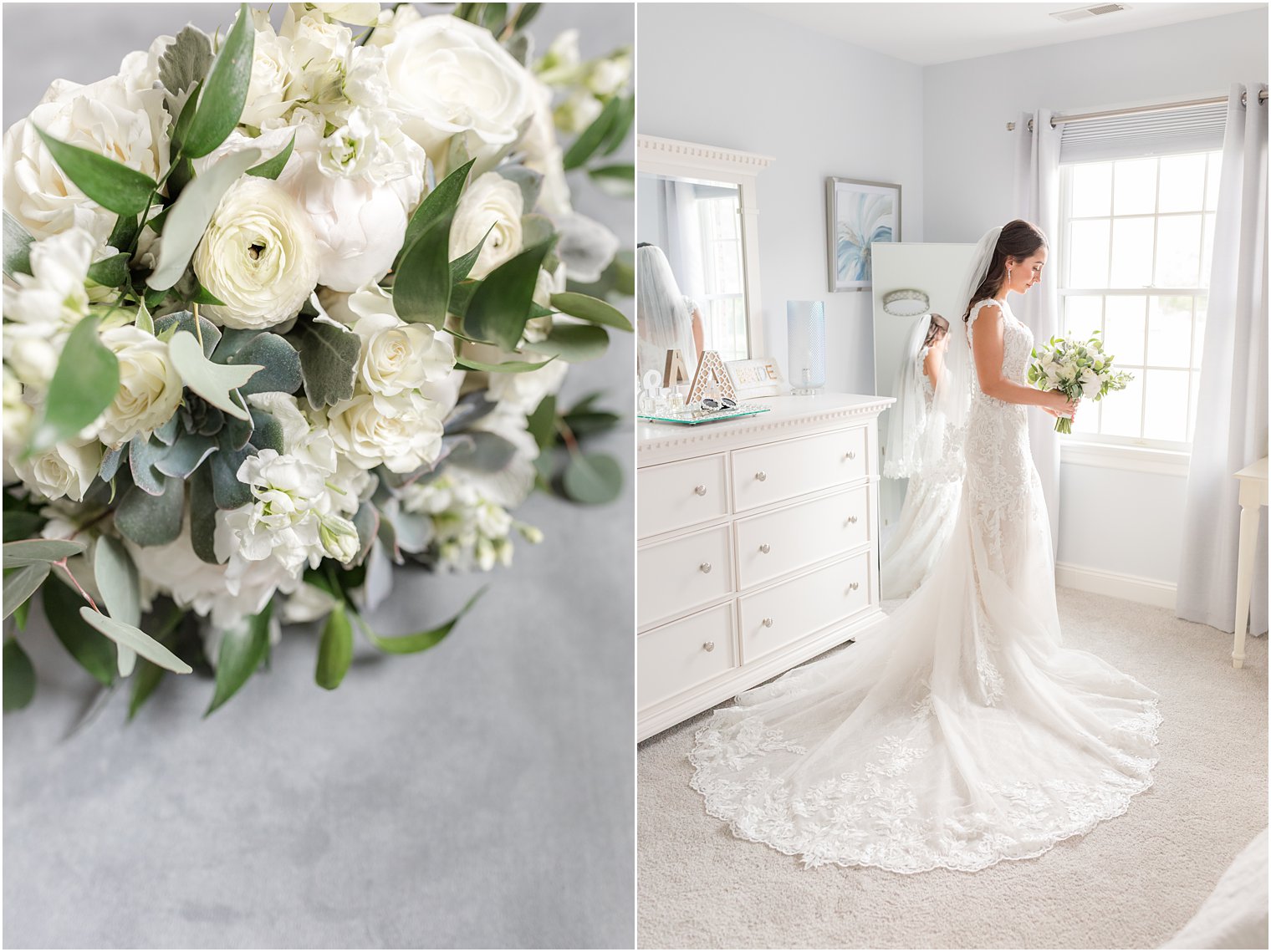 bride poses in bedroom with dress spread behind her