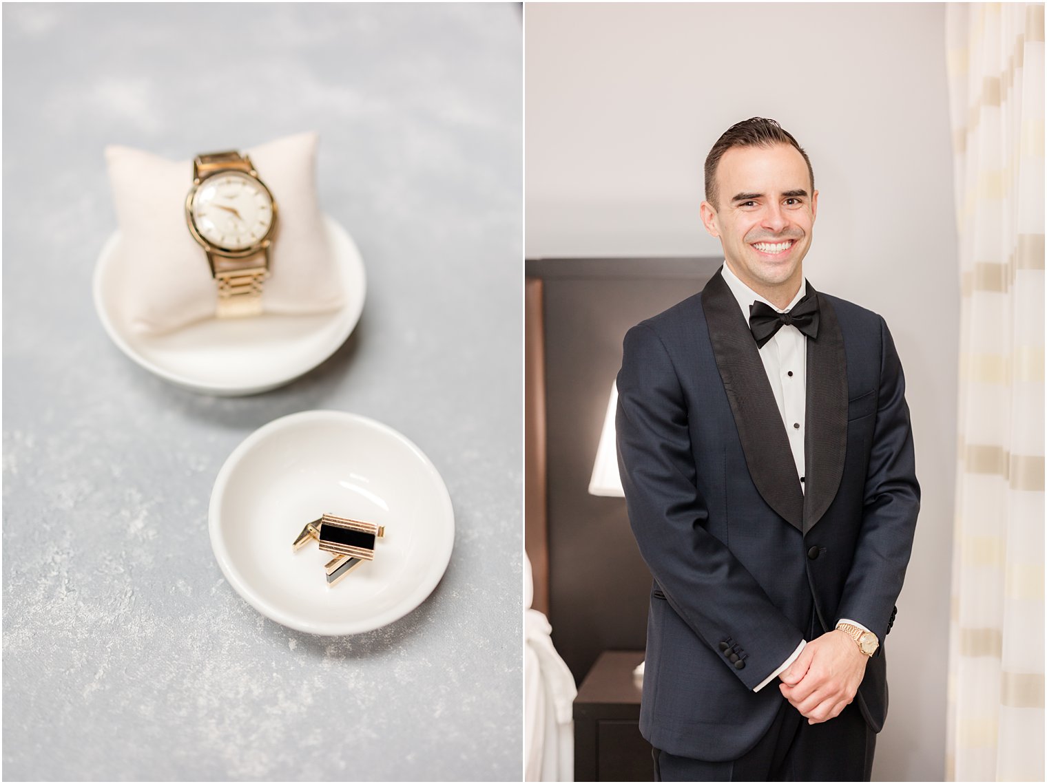 groom stands in tux before NJ wedding day