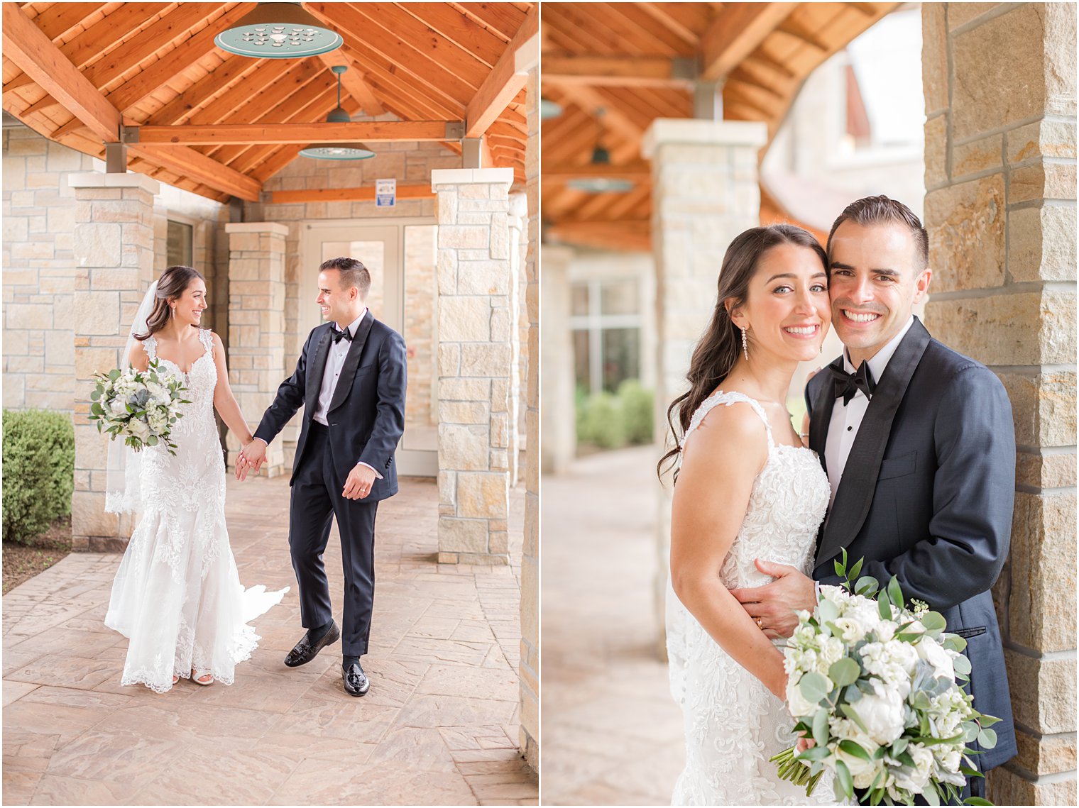 bride and groom hug under walkway at church