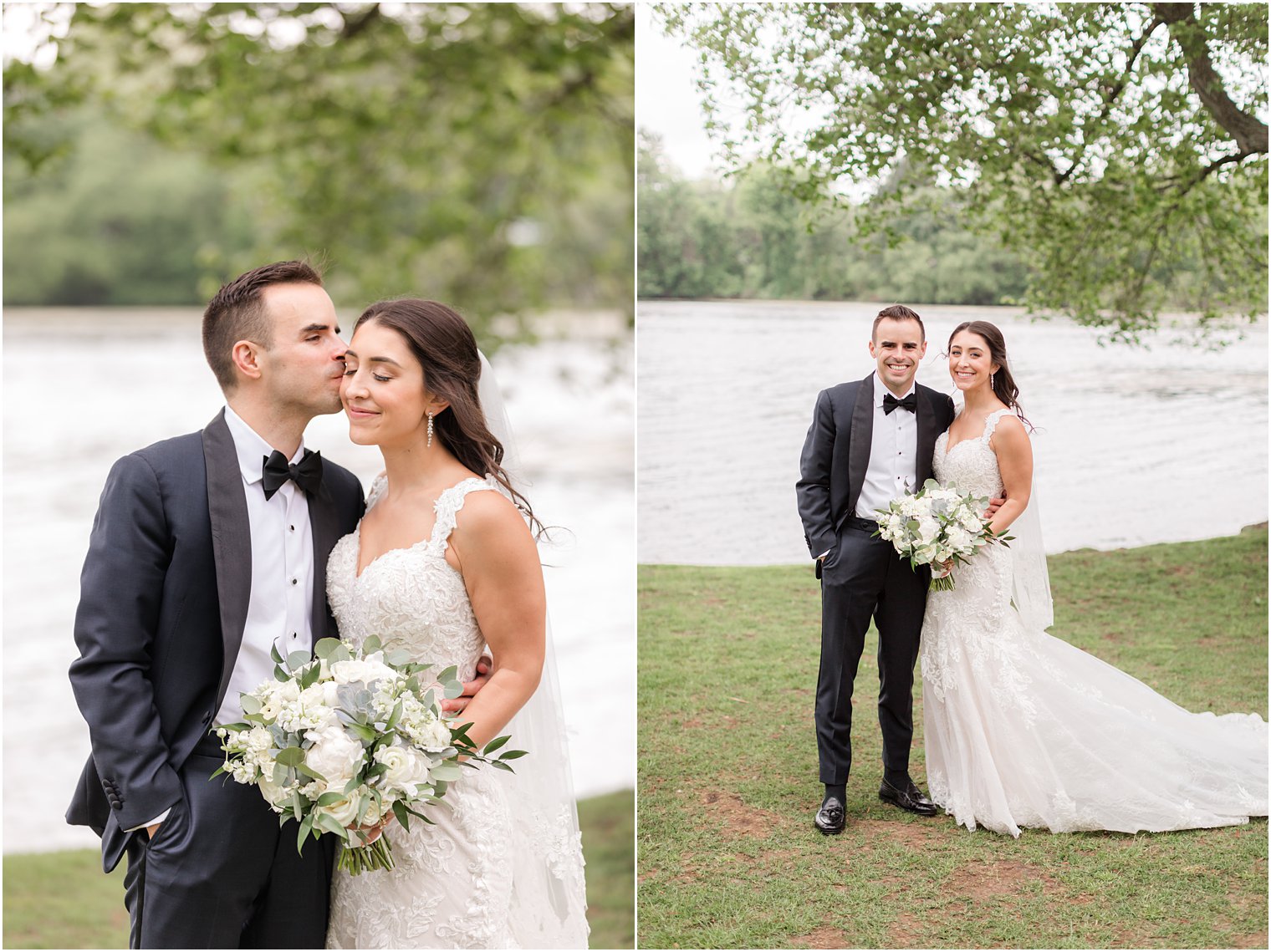 groom kisses bride's cheek by lake during photos at Indian Trail Club