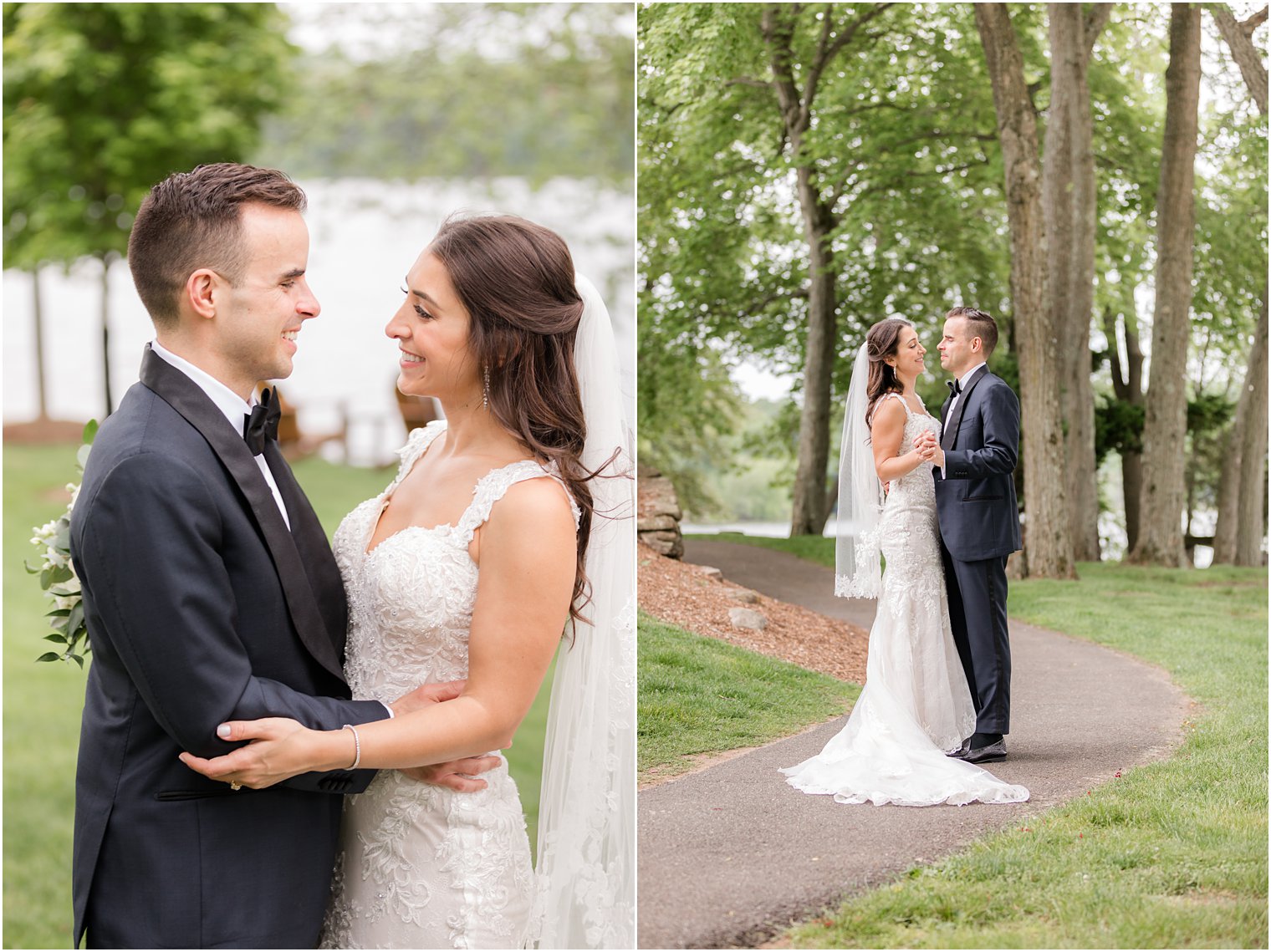 newlyweds kiss on pathway at Indian Trail Club