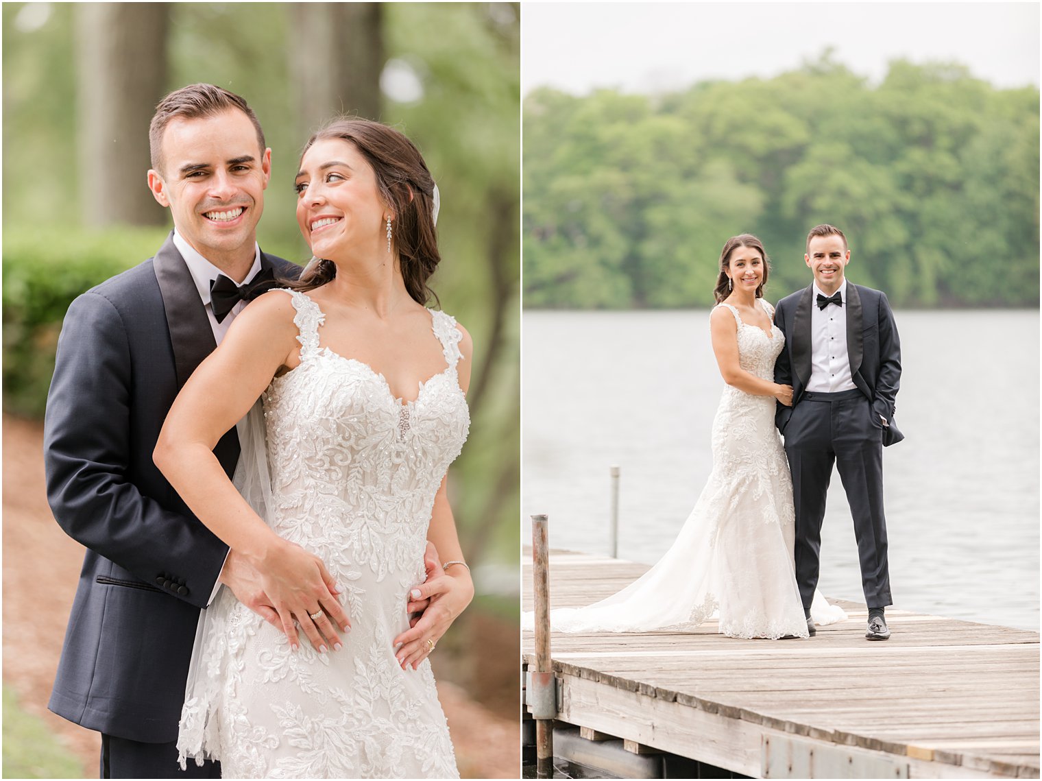 groom hugs bride on dock at Indian Trail Club