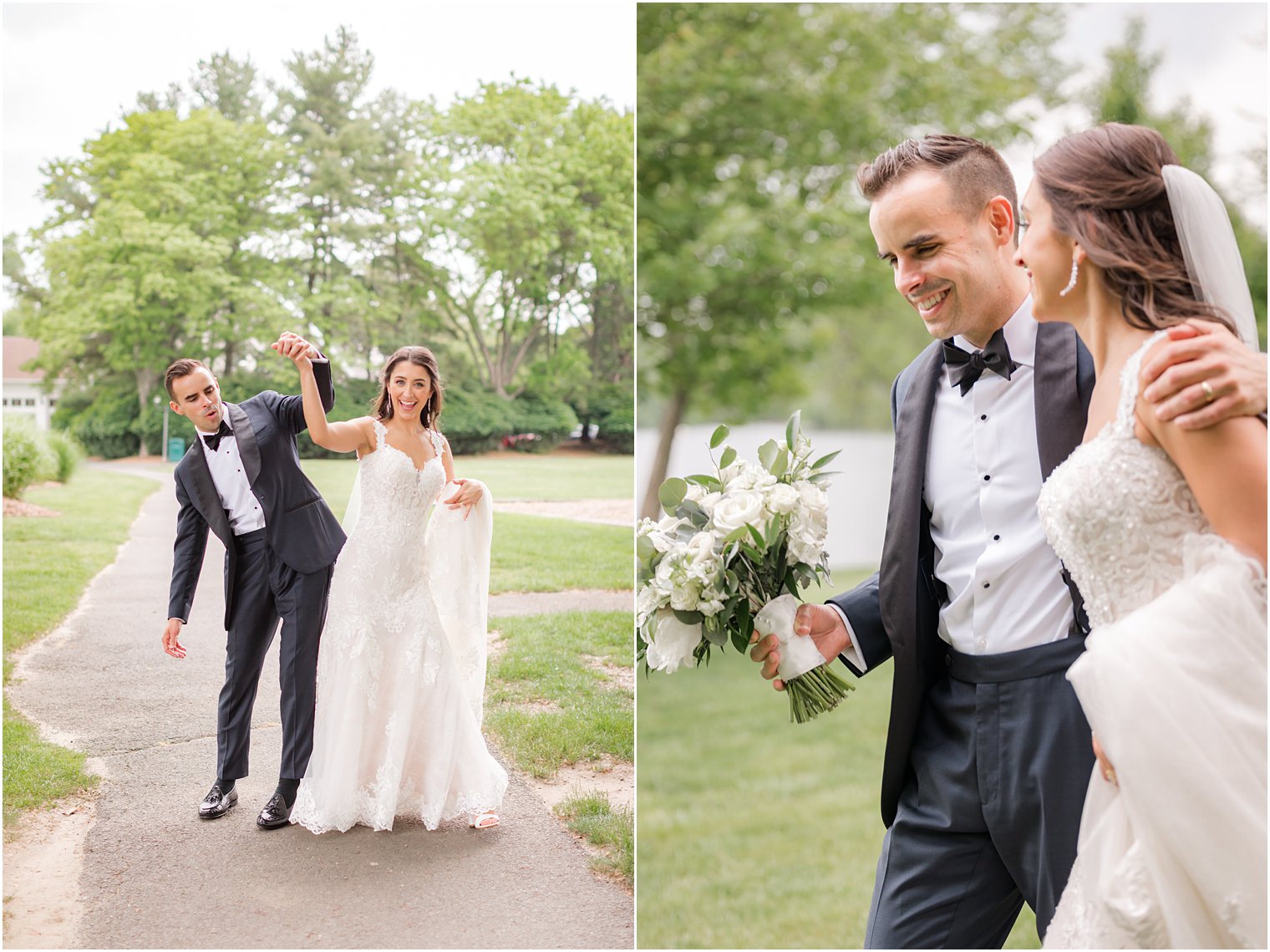 newlyweds walk on pathway together at Indian Trail Club