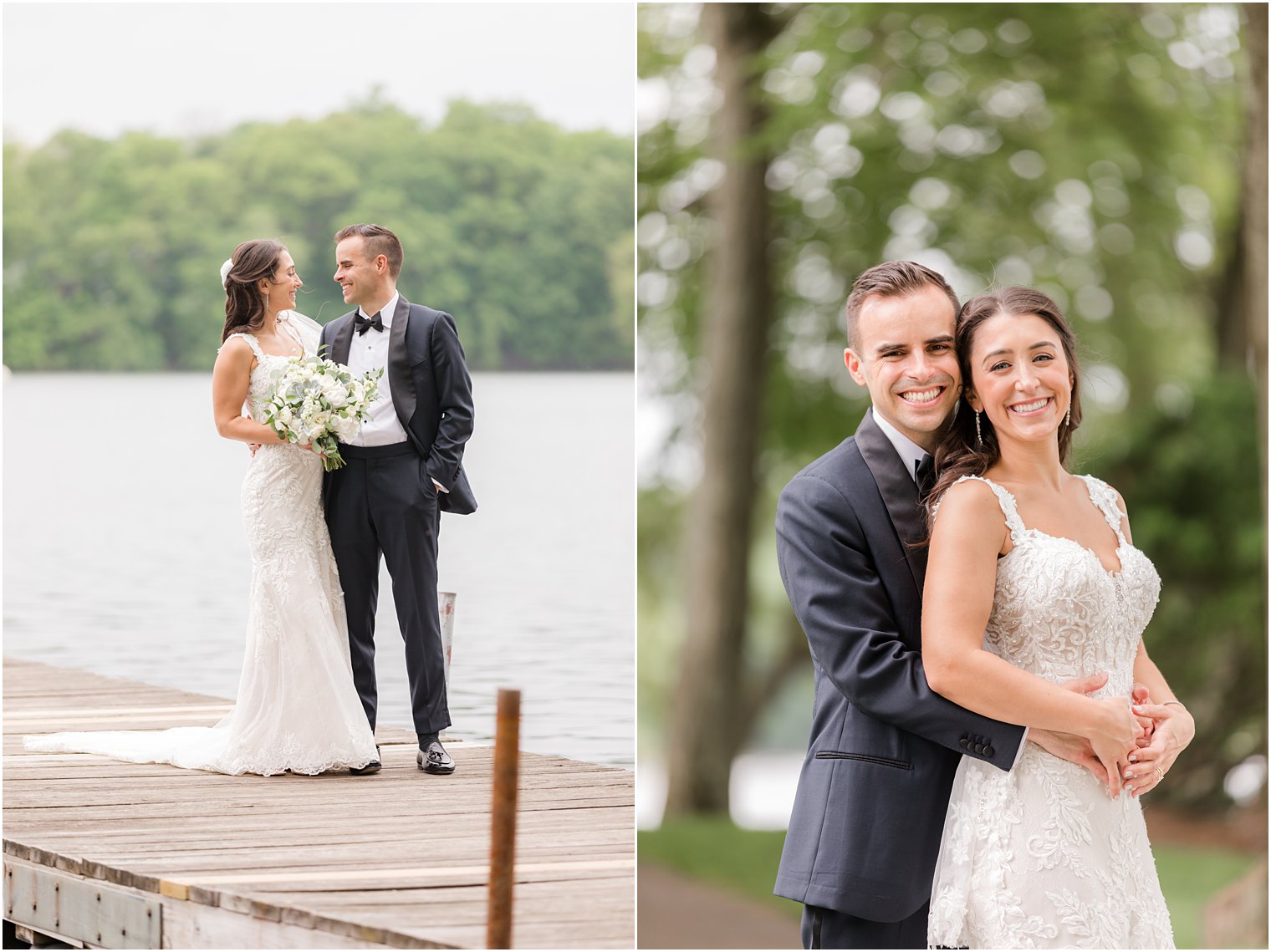 newlyweds hug on dock during summer wedding portraits at Indian Trail Club