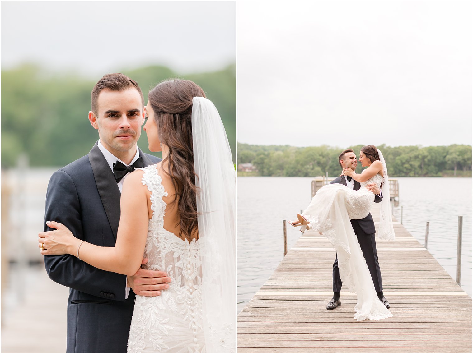 summer wedding portraits of bride and groom standing on dock at Indian Trail Club