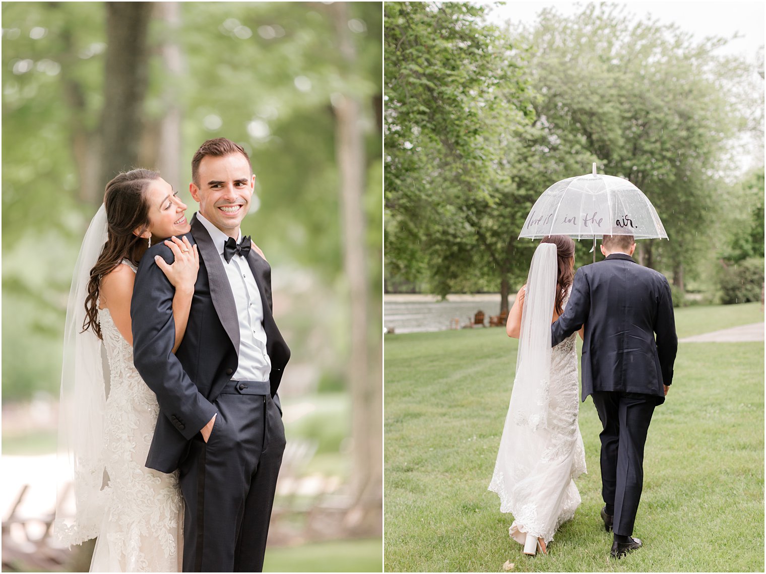 bride and groom walk up hill under umbrella 