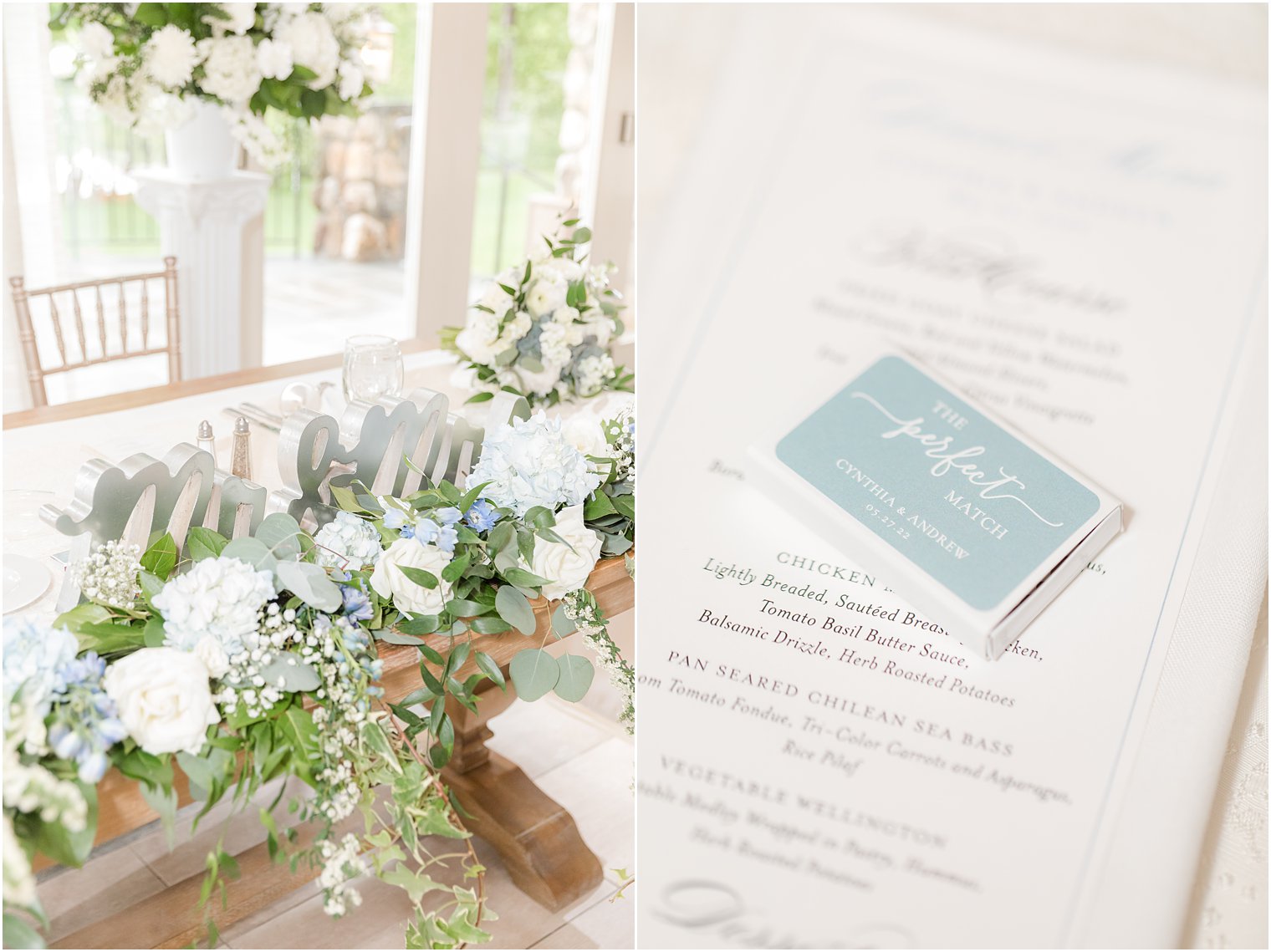 place settings with white flowers and greenery