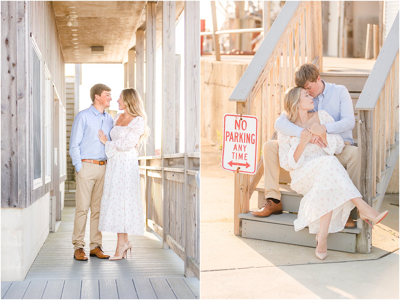 groom and bride sit on wooden steps at beach in Jersey
