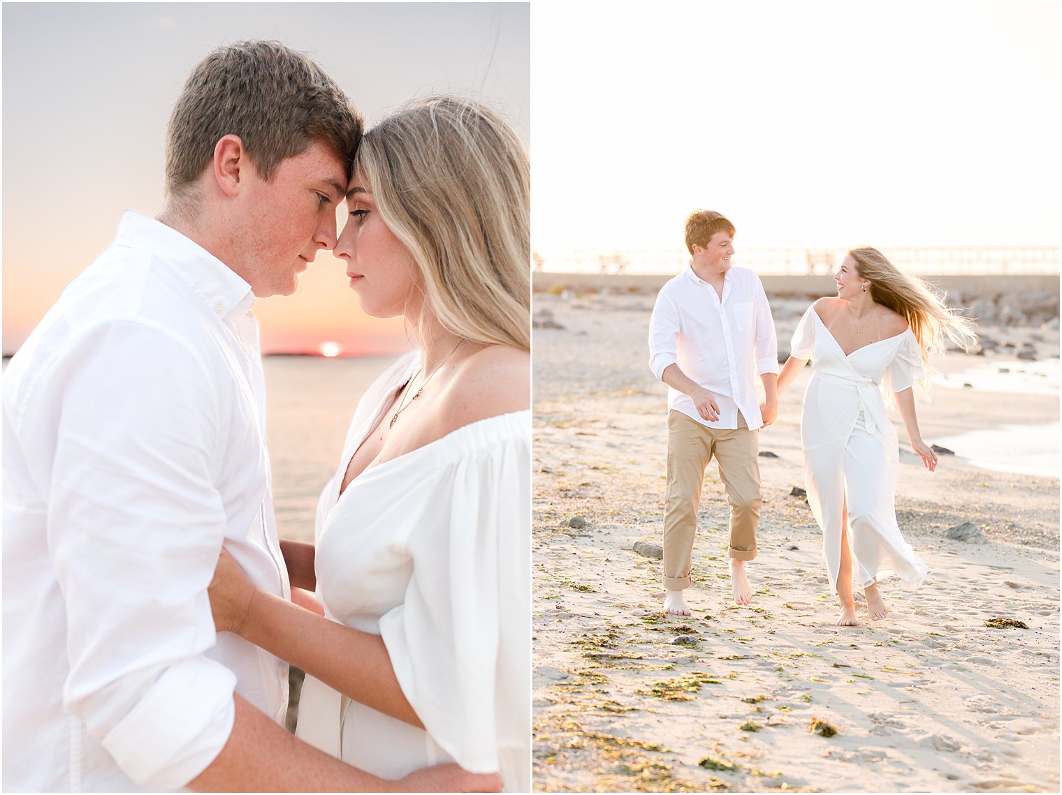 engaged couple runs along Long Beach Island