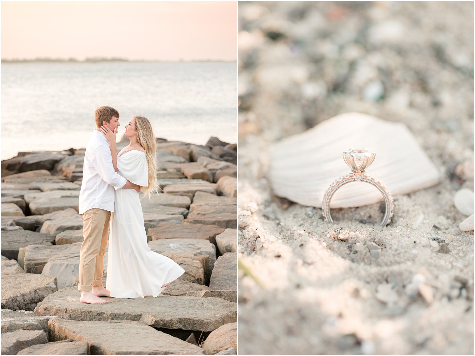 bride and groom stand together on rocks at sunset 