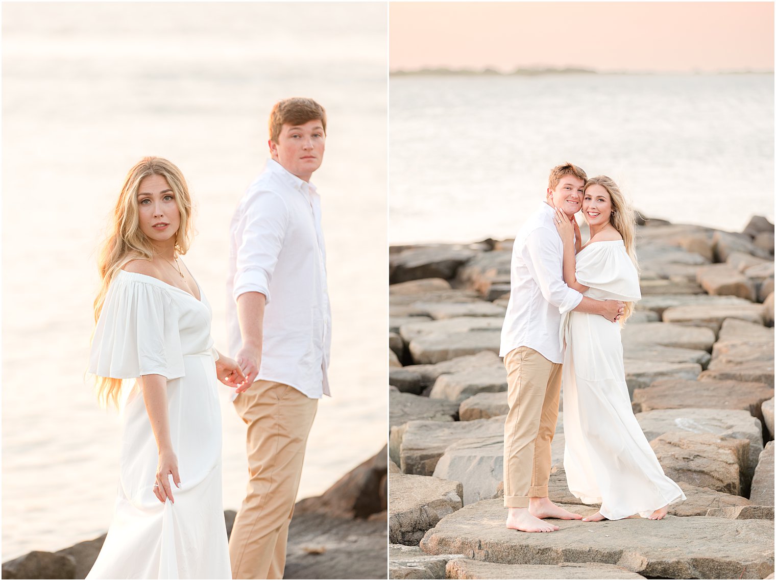 groom leads bride through rocks at Long Beach Island