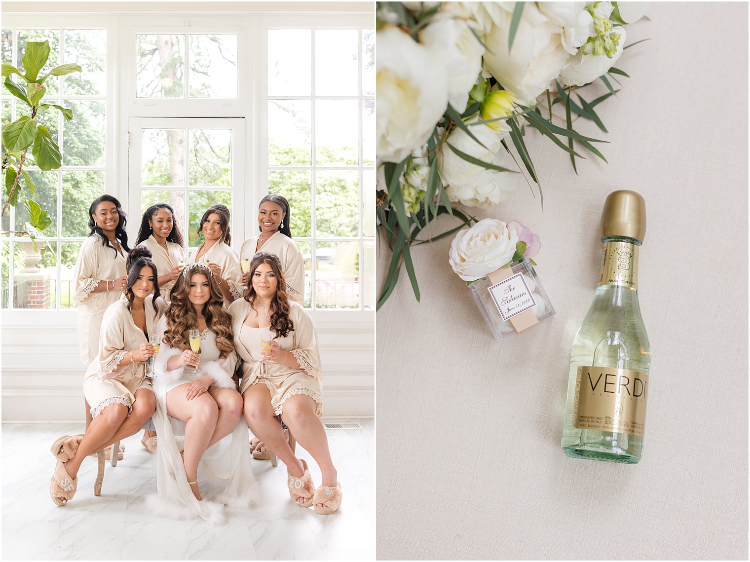 bride and bridesmaids hold mimosas at Collingswood Grand Ballroom