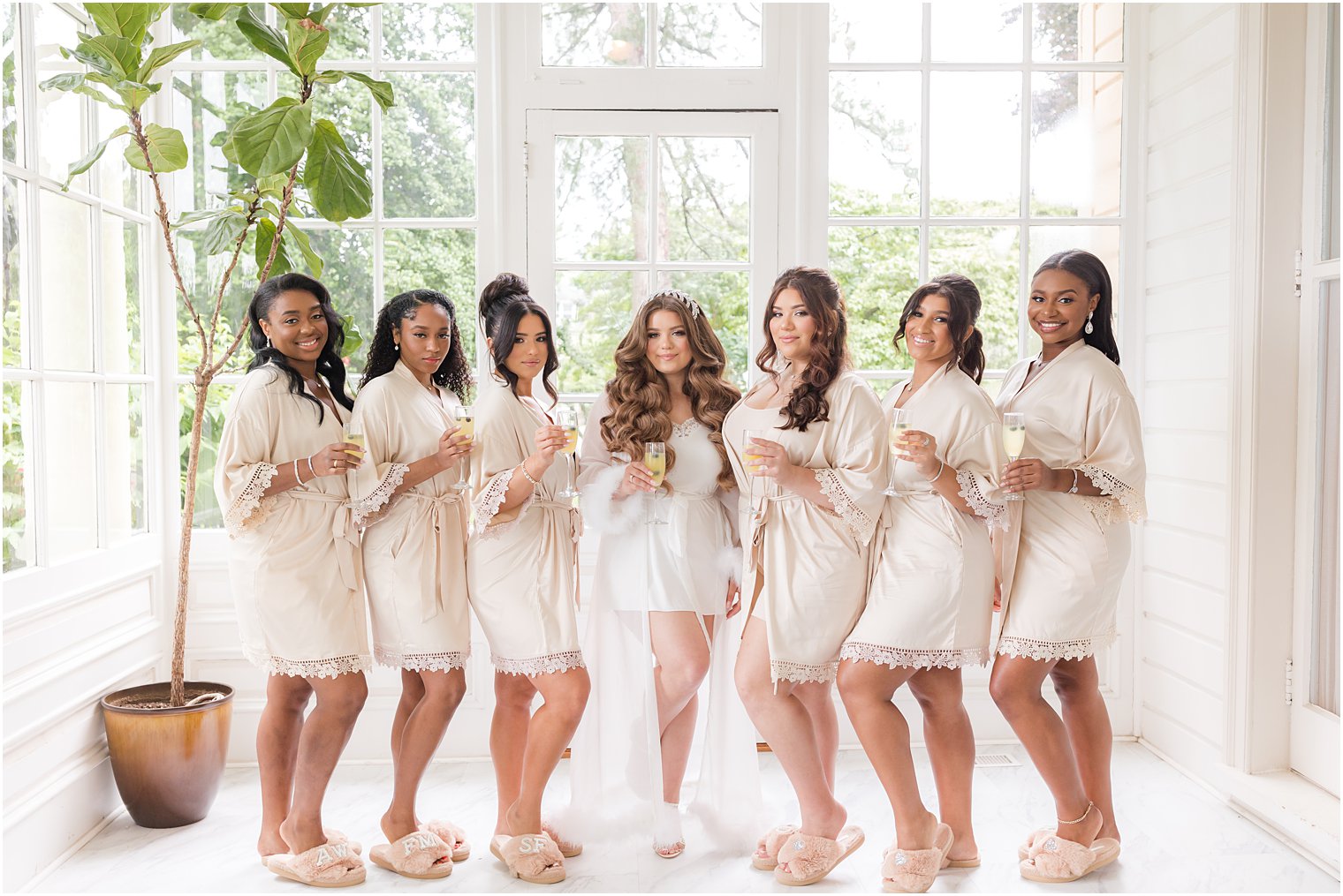 bride poses with bridesmaids in matching robes in suite at Collingswood Grand Ballroom