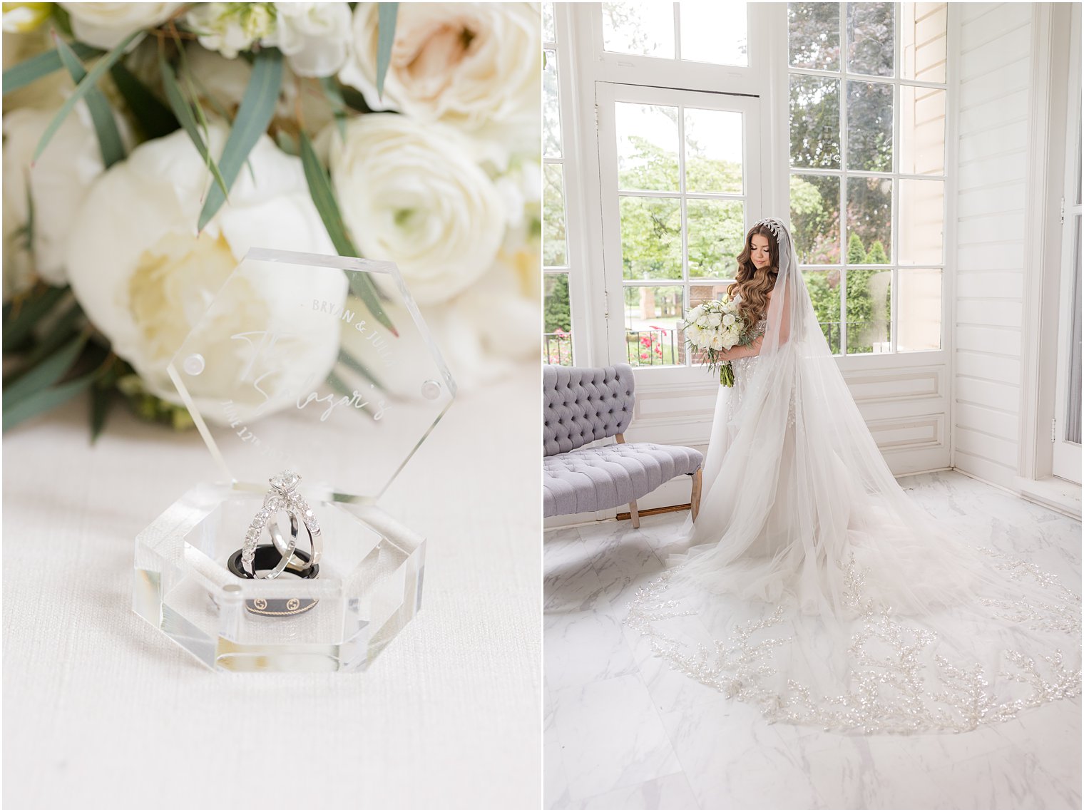 bride poses by window at Collingswood Grand Ballroom with veil draped out behind her