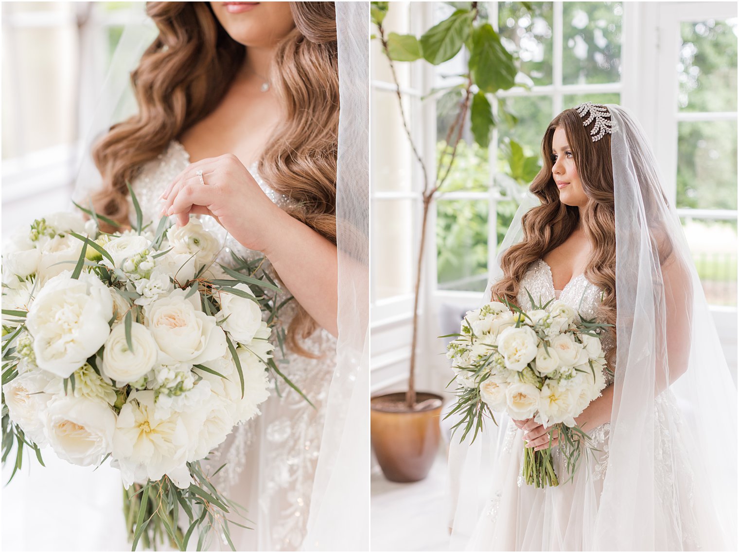 bridal portraits in window at Collingswood Grand Ballroom