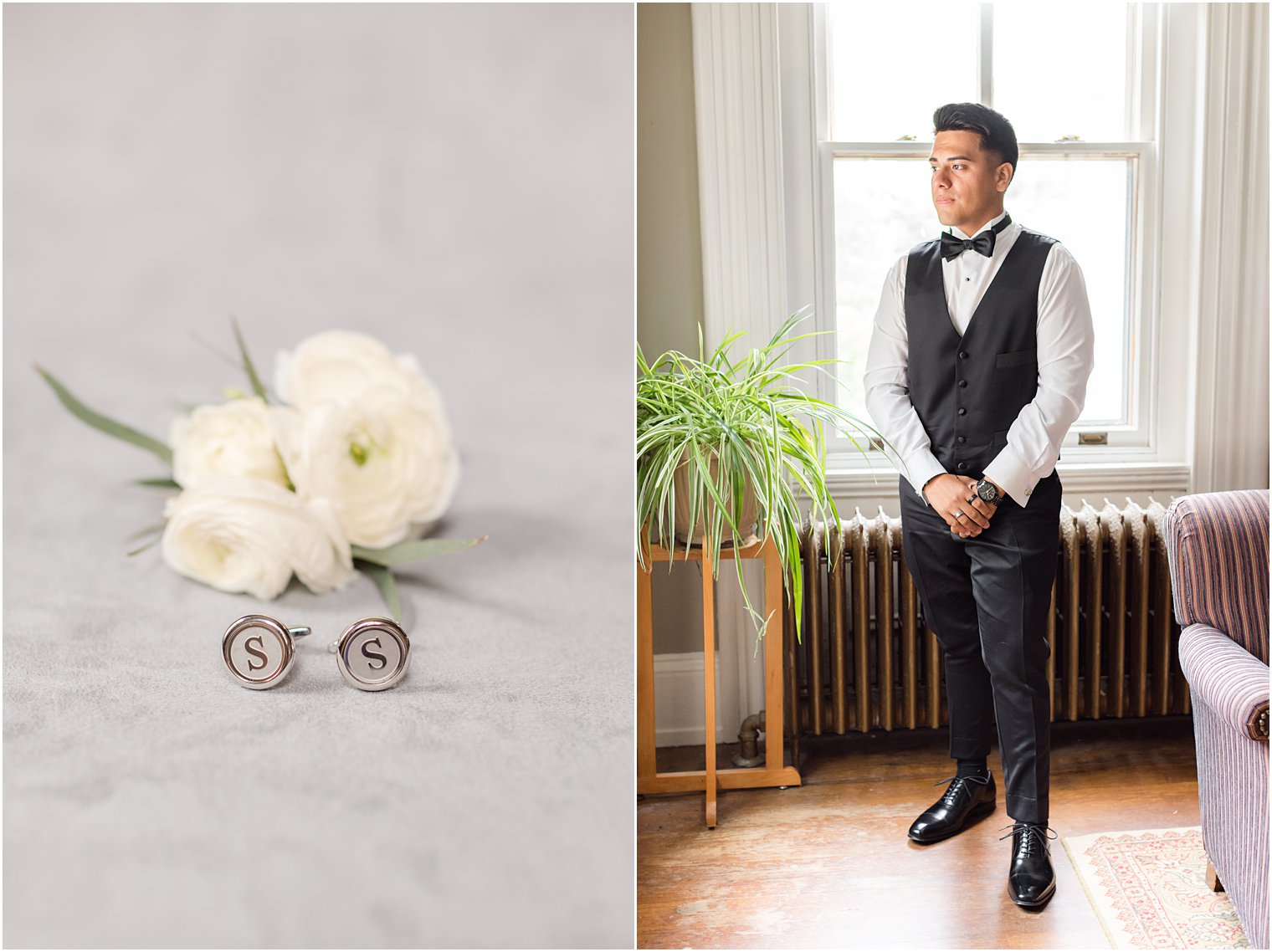 groom looks out window in black vest 