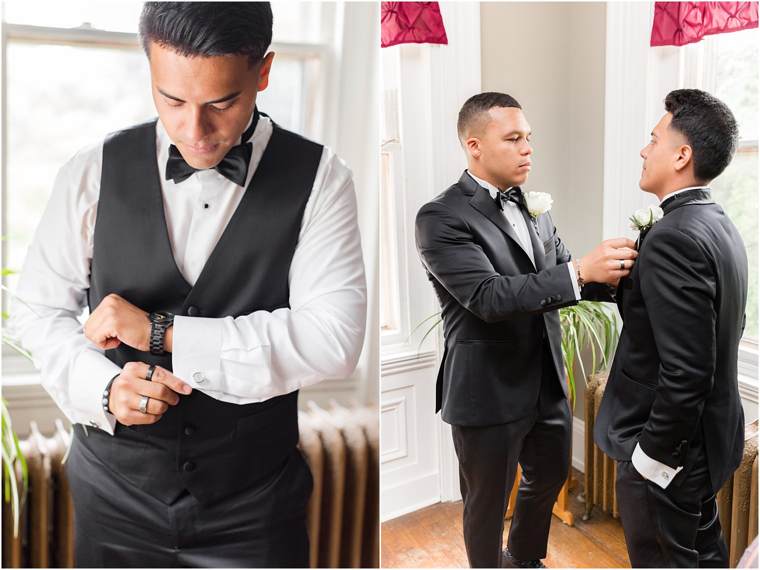 groomsman adjusts tie for groom at Collingswood Grand Ballroom