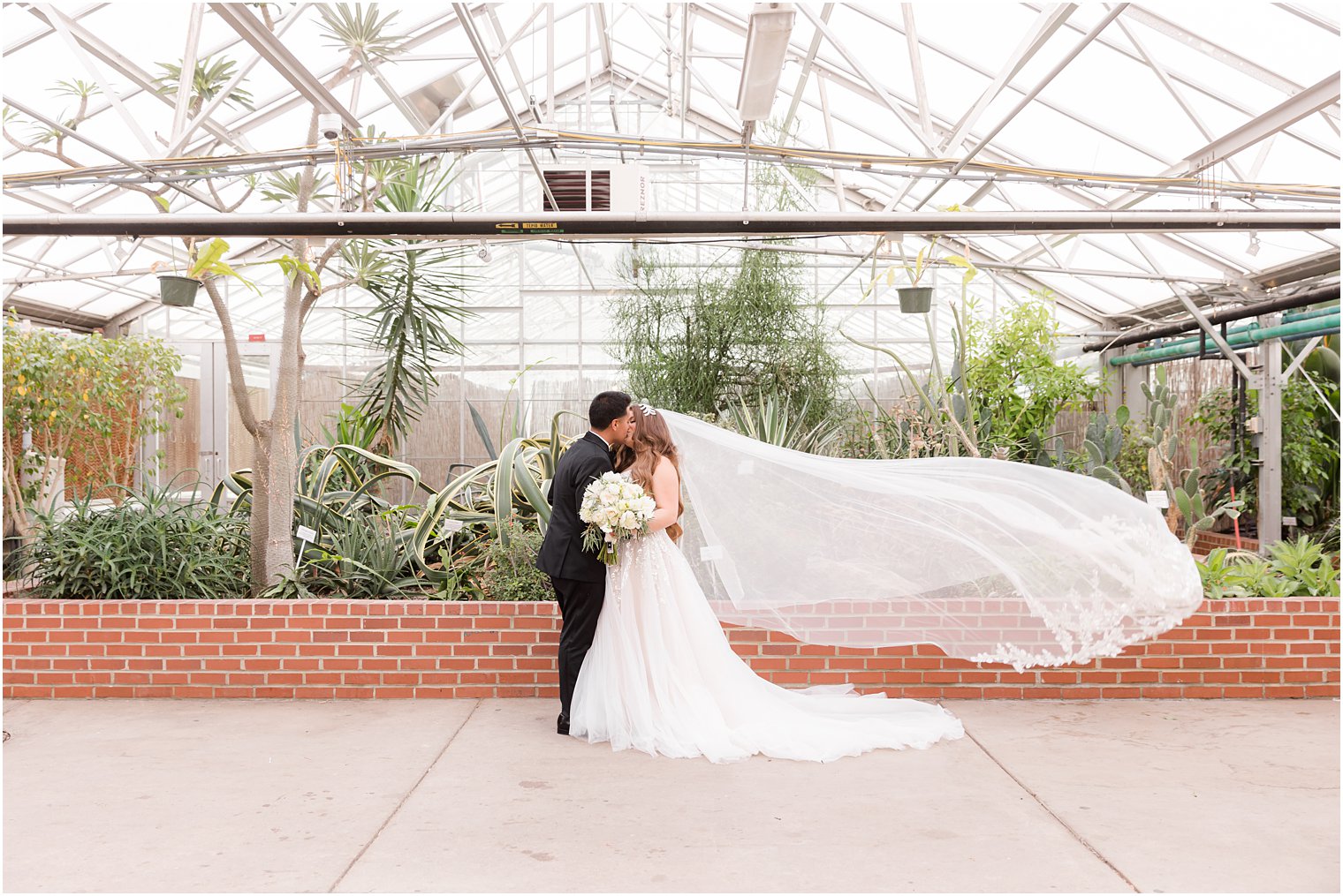 bride and groom kiss inside Fairmont Park Horticulture Center greenhouse