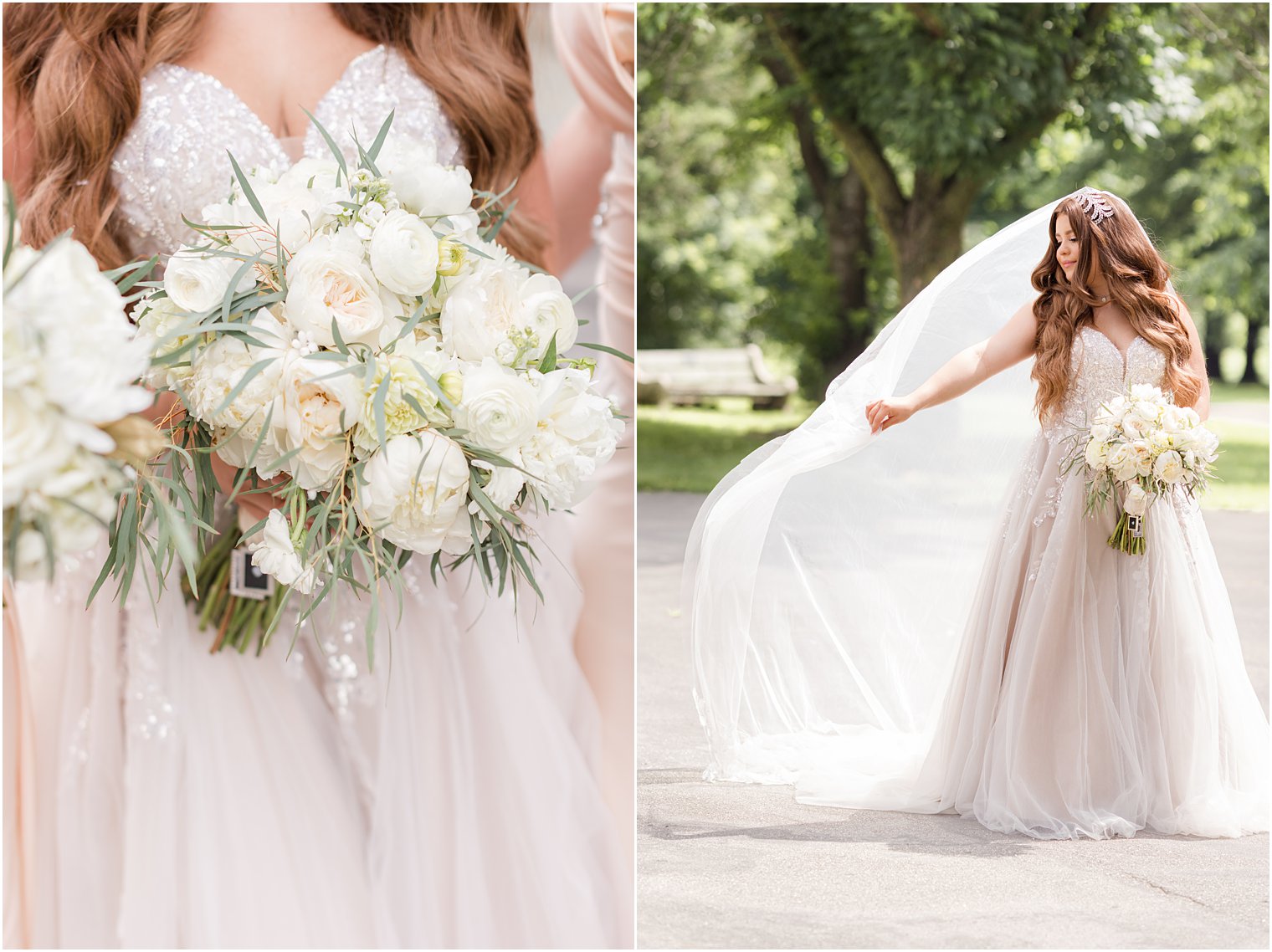 bride shows off veil outside the Fairmount Park Horticulture Center