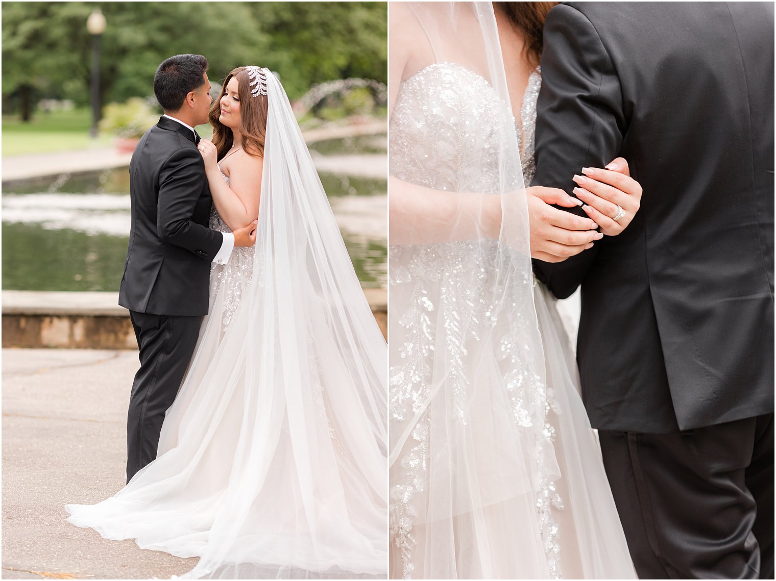 bride holds groom's arm during portraits in Philadelphia PA