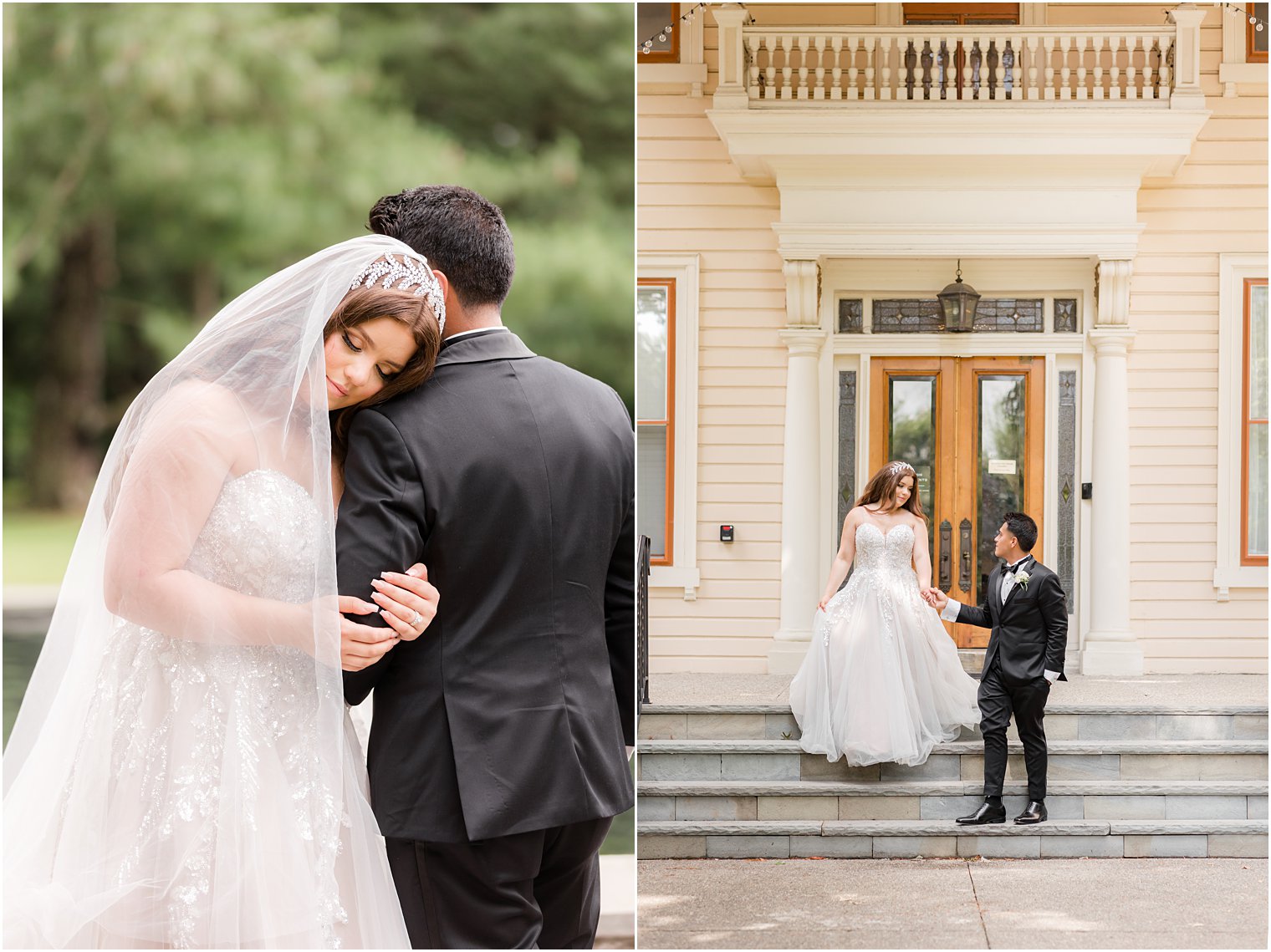 bride leans on groom's shoulder during portraits at Fairmount Park Horticulture Center