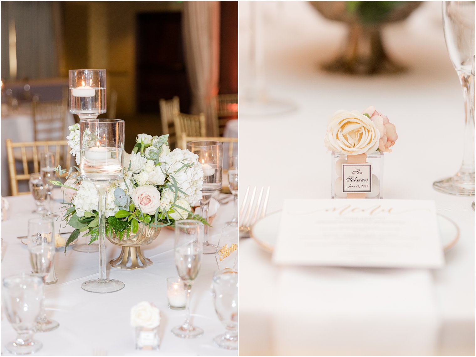 floral centerpieces for Collingswood Grand Ballroom wedding reception with pink and gold details 