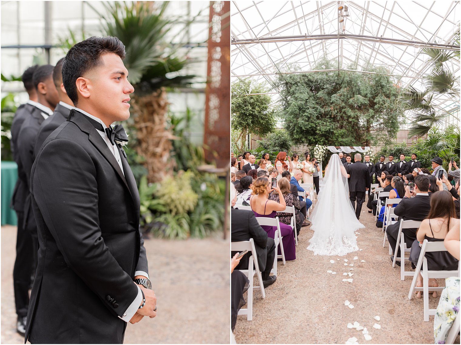 groom watches bride walk down the aisle for Fairmont Park Horticulture Center wedding ceremony