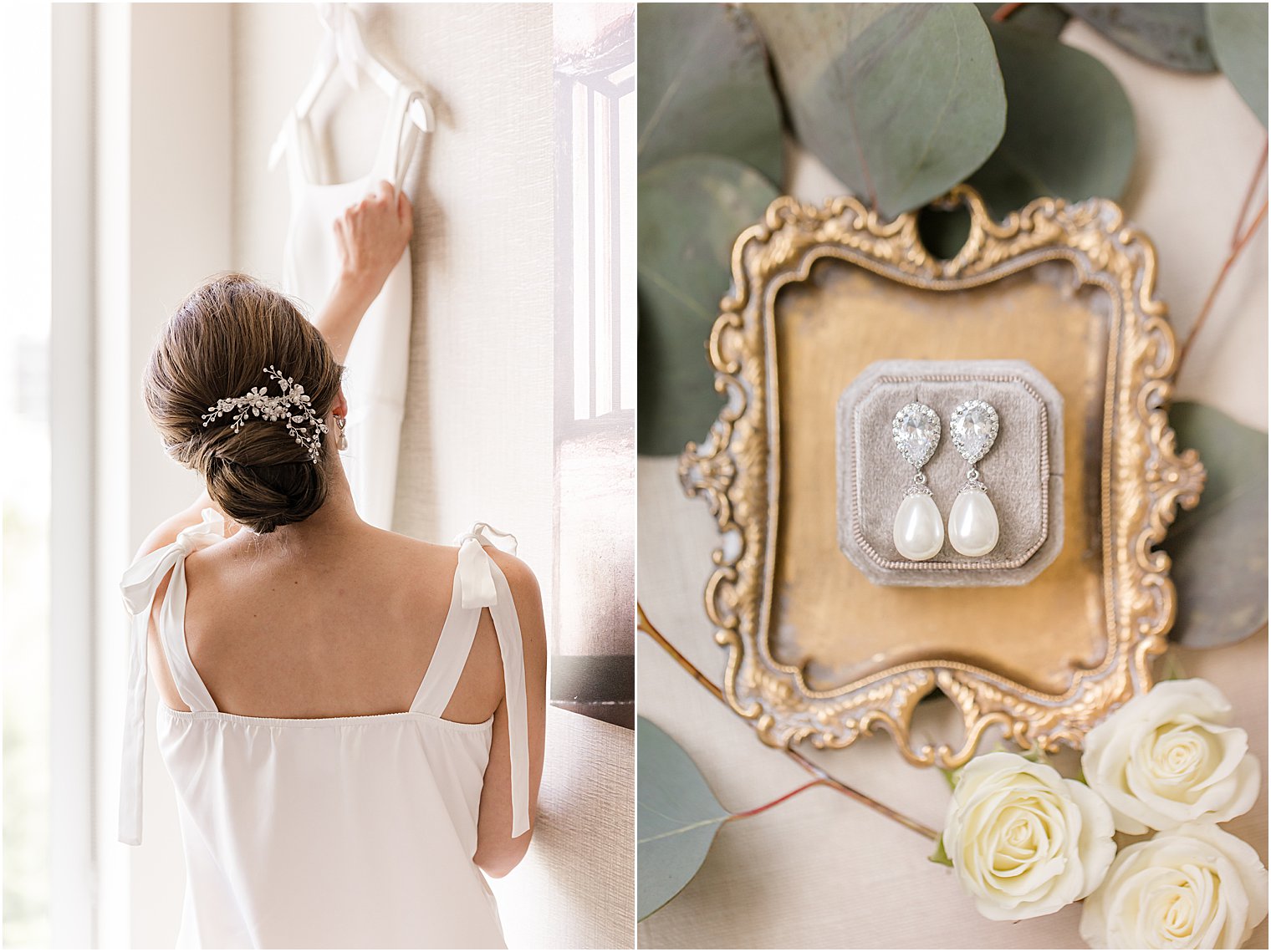 bride looks at wedding gown and diamond earrings on gold box