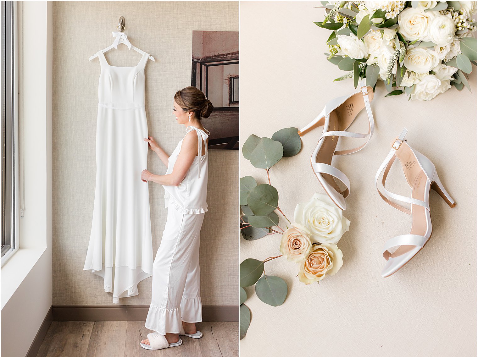 bride looks at wedding gown with shoes for Ryland Inn wedding