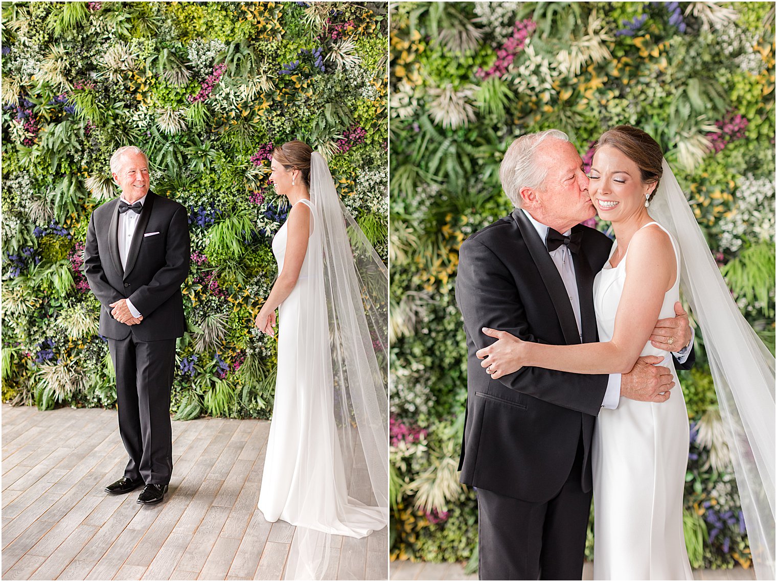 dad and bride hug during first look at Ryland Inn