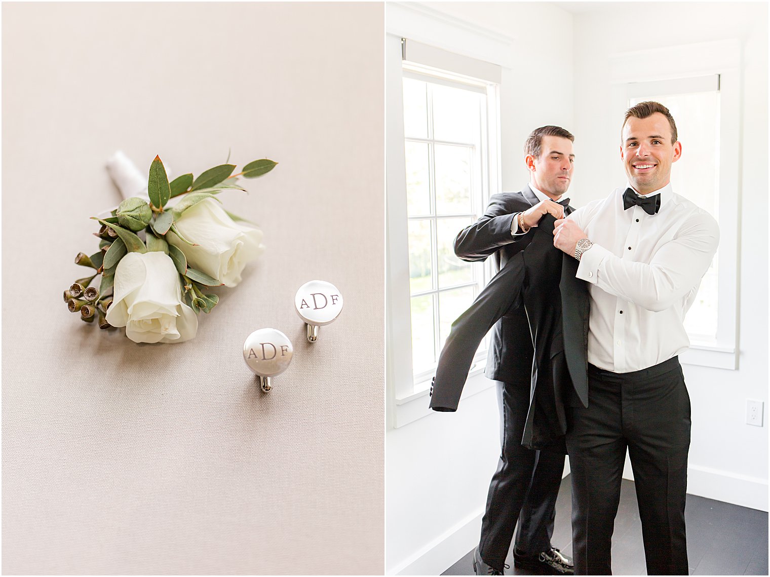 groom gets into tux for wedding day