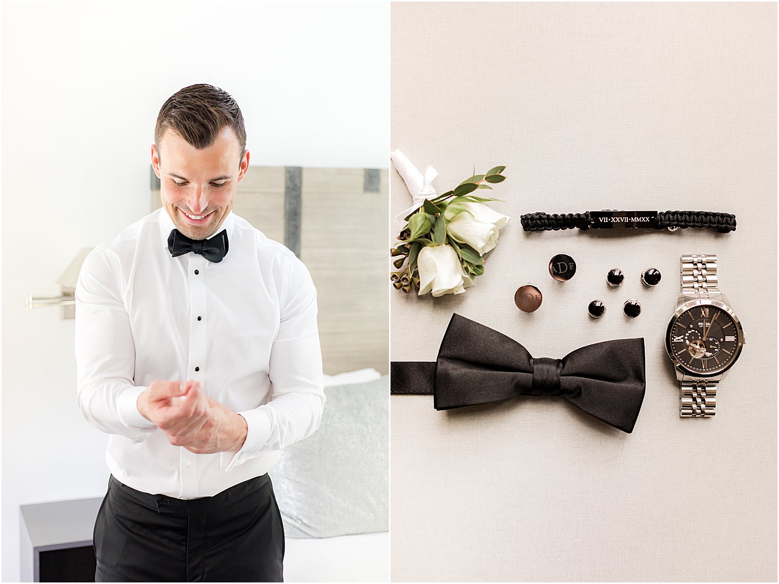 groom adjust cufflinks before Ryland Inn wedding