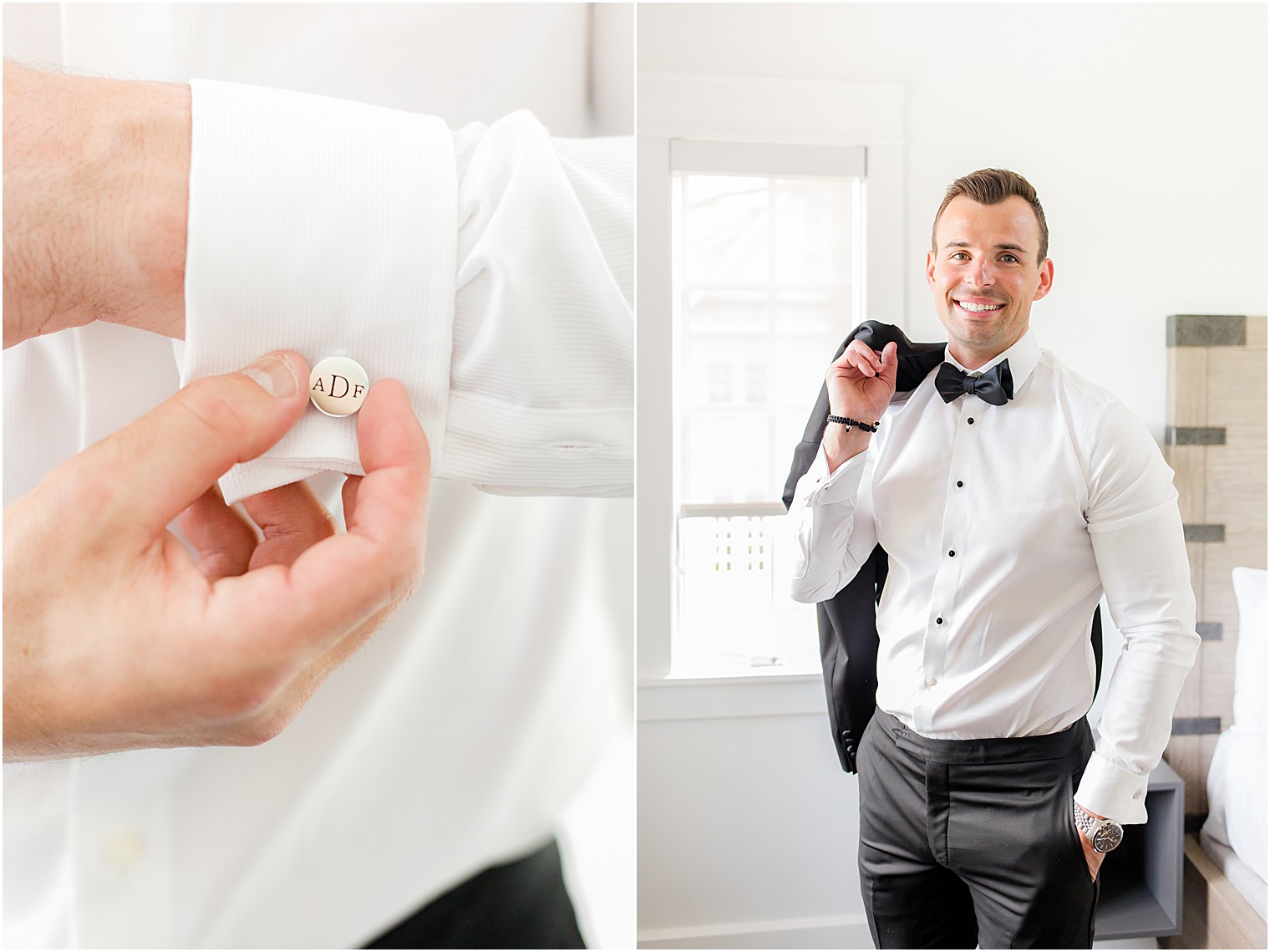 groom adjusts cufflinks and throws jacket over shoulder before NJ wedding 