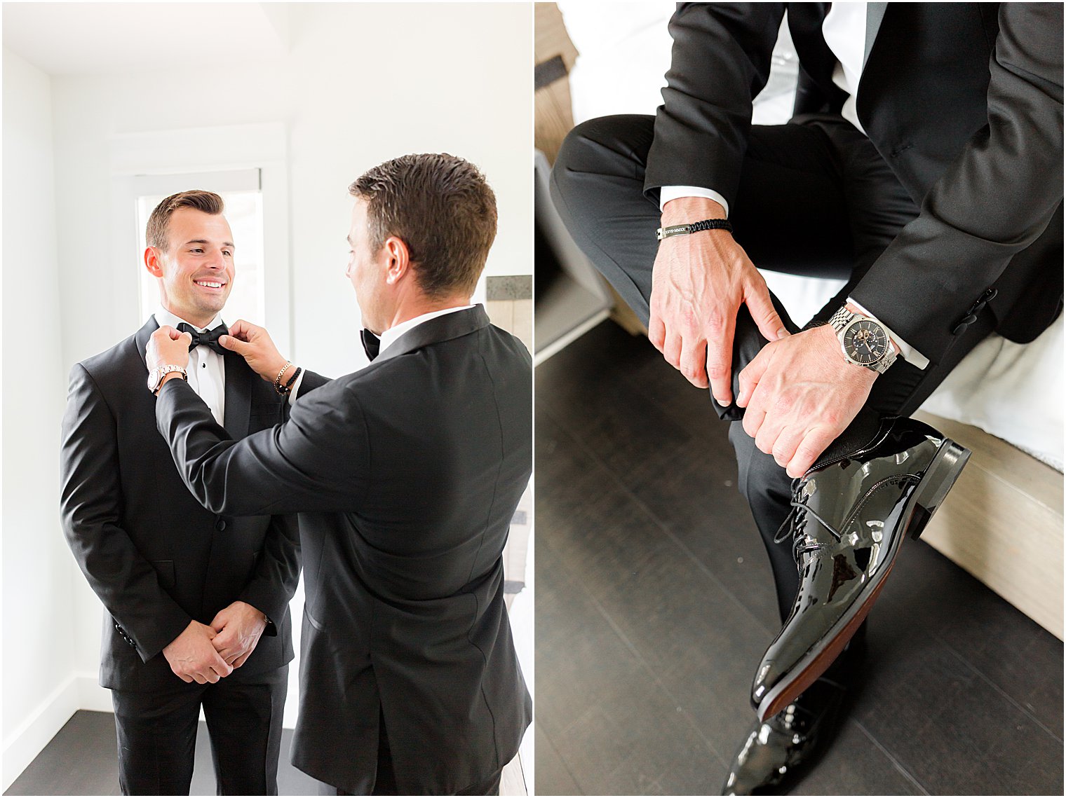 groom prepares tux for Ryland Inn wedding