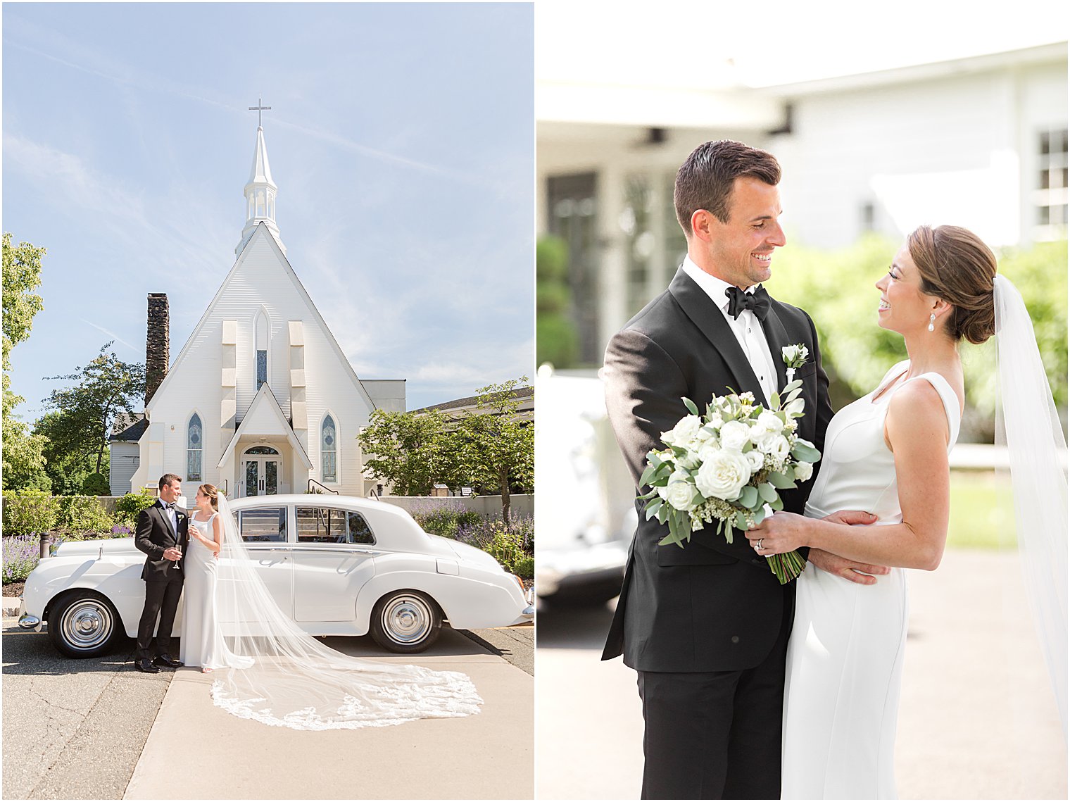 bride and groom pose by classic car outside NJ church