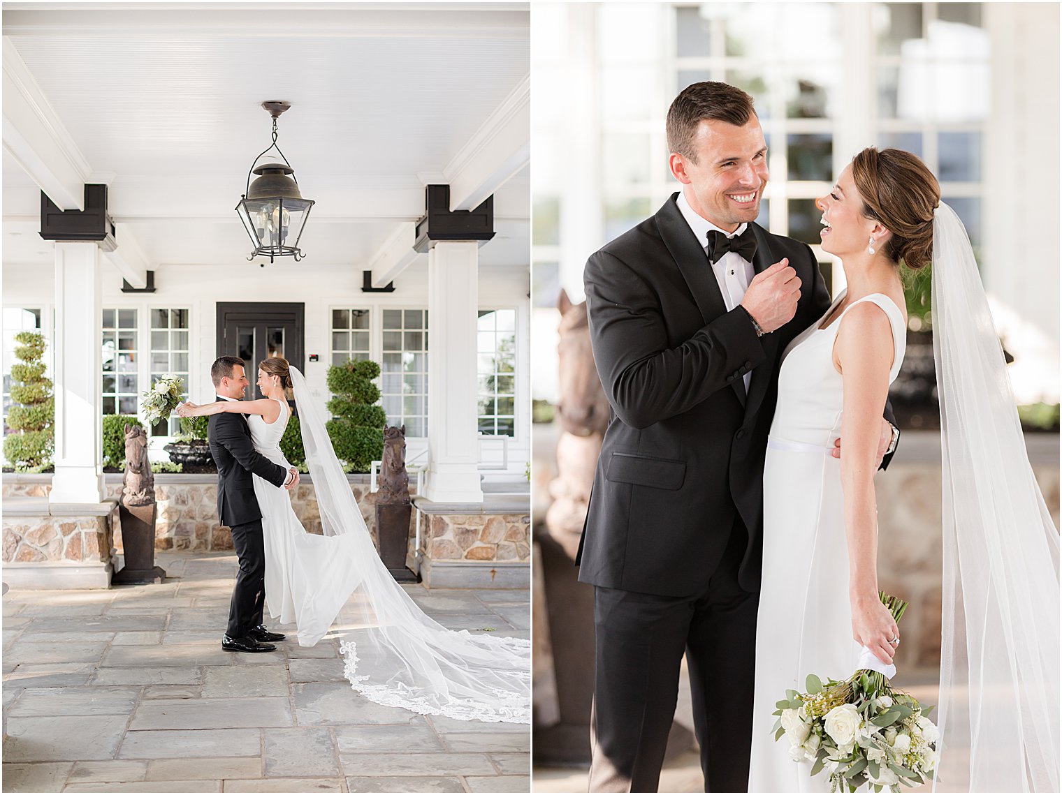 bride and groom hug outside Ryland Inn