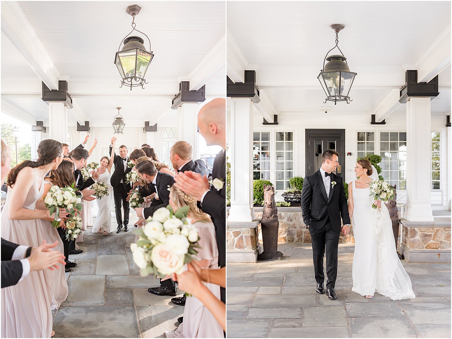 bride and groom walk through tunnel created by wedding party