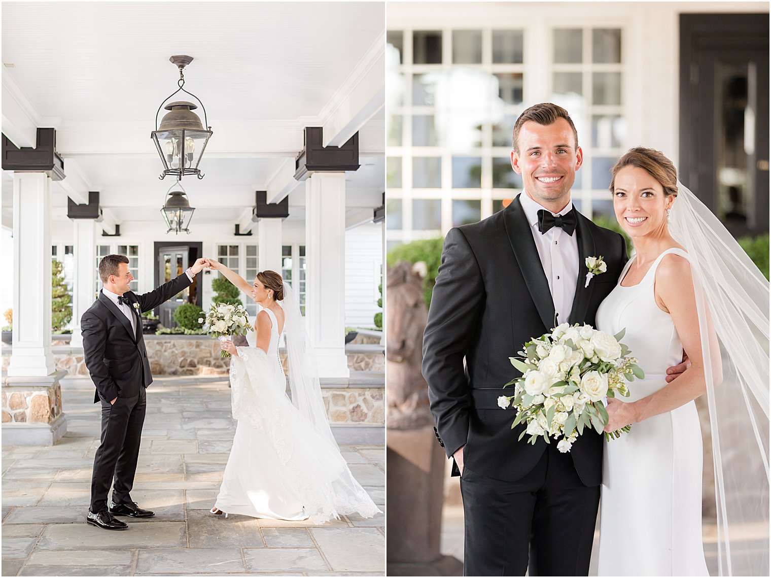 groom twirls bride outside Ryland Inn