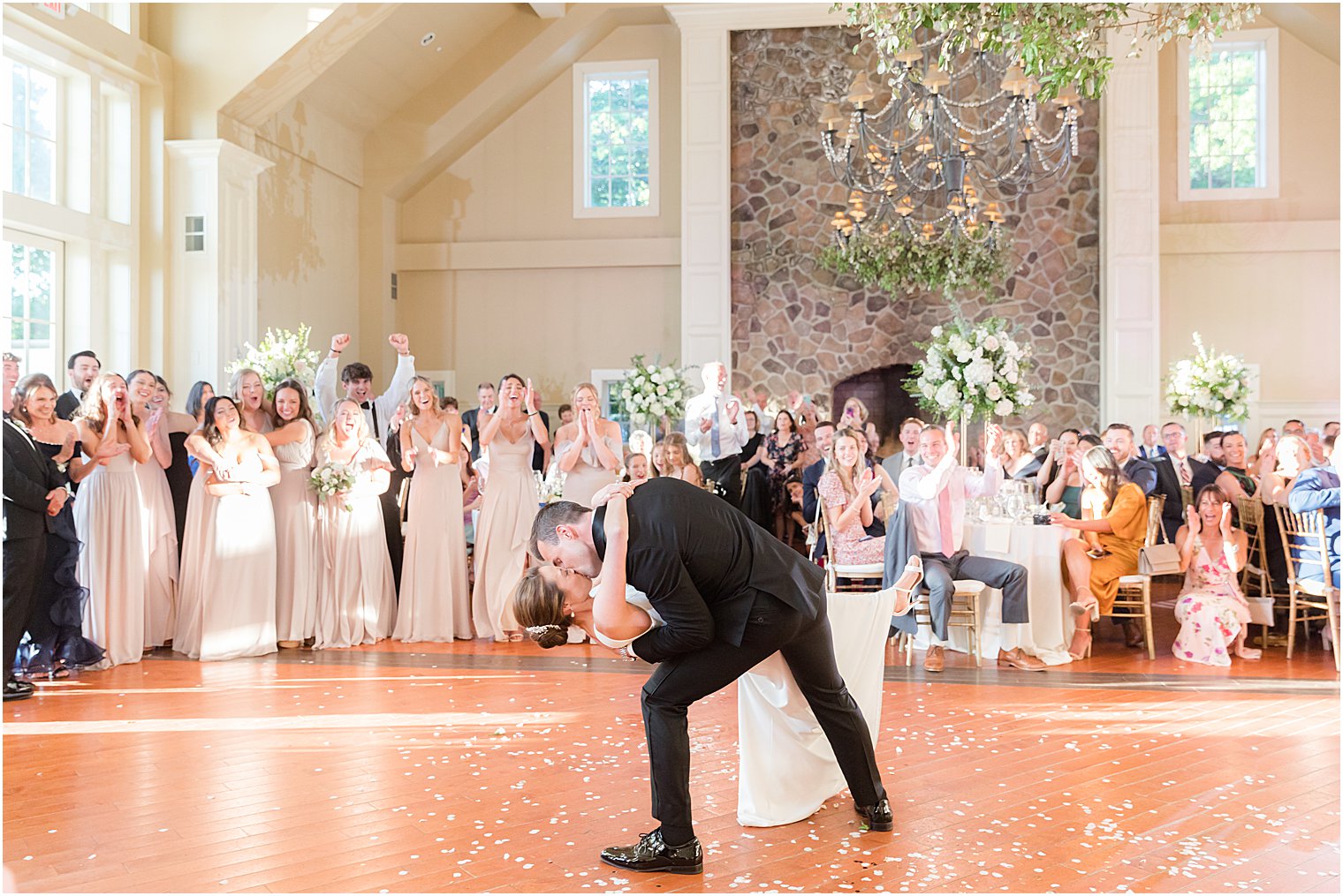 groom dips bride during choreographed dance at Whitehouse Station NJ wedding reception